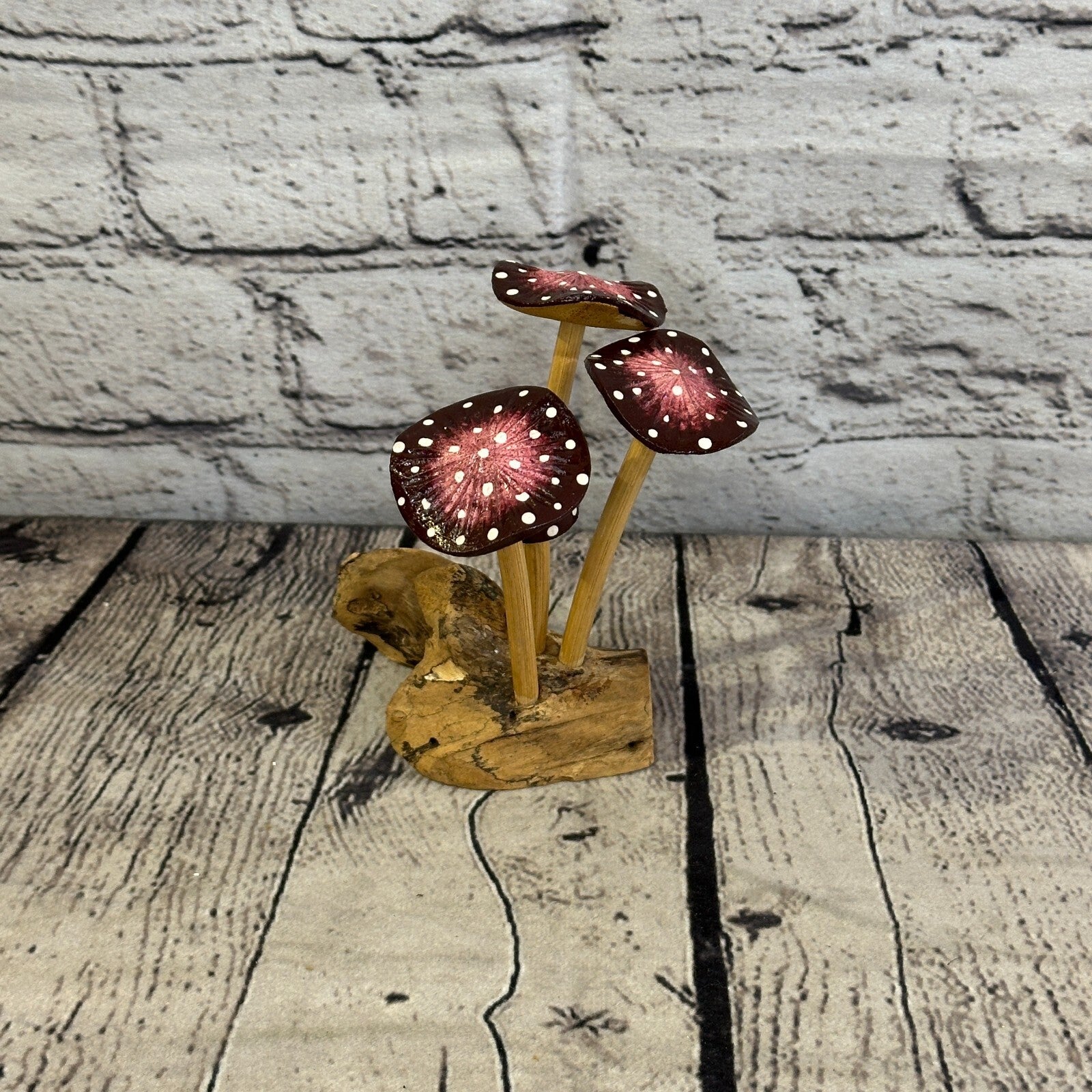 Purple Pink Painted Mushroom Parasite Ornament Natural Carving Fairtrade Wooden2