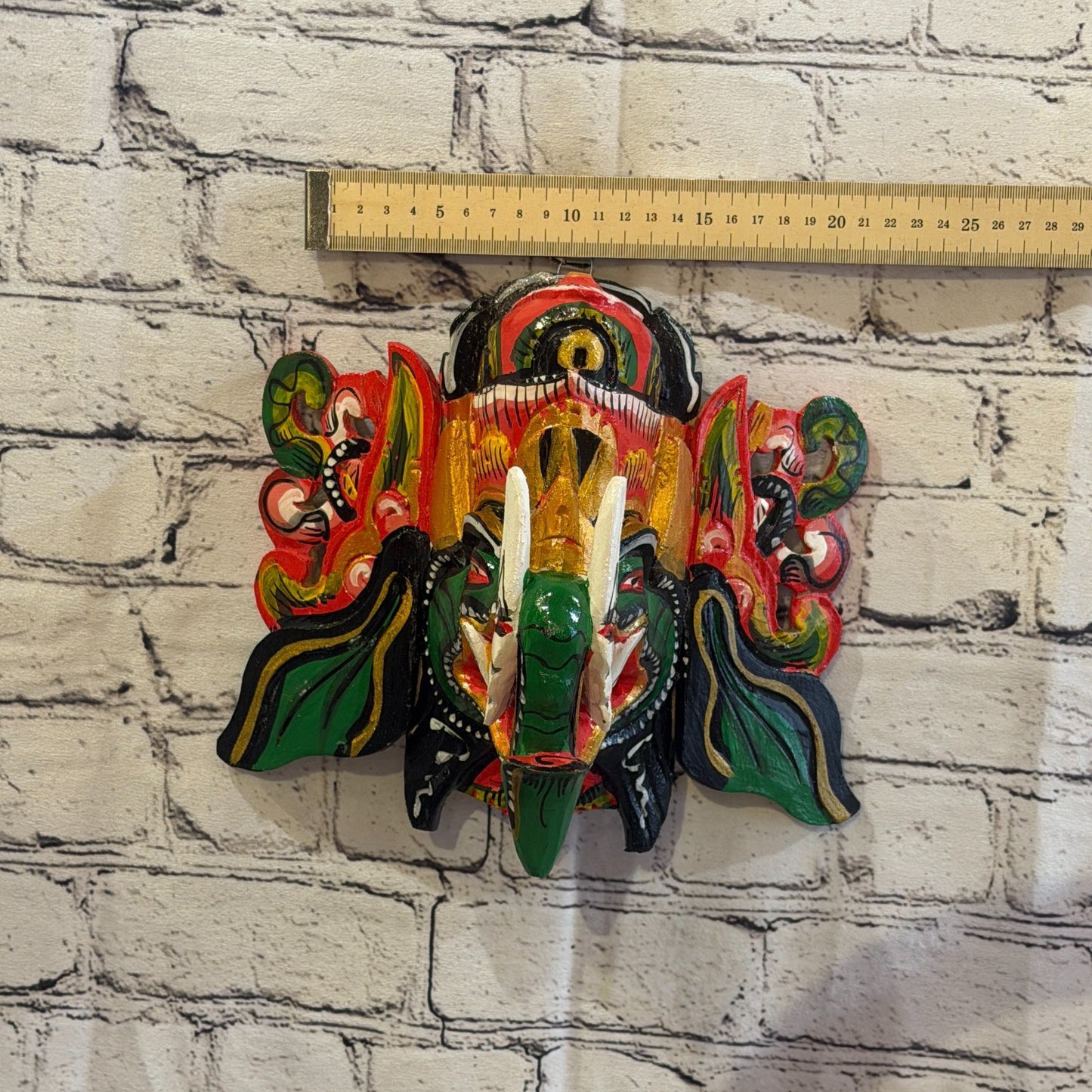 25cm Ganash Ganesha Green Elephant Hindu Deity Wooden Hand Carved Mask Painted8