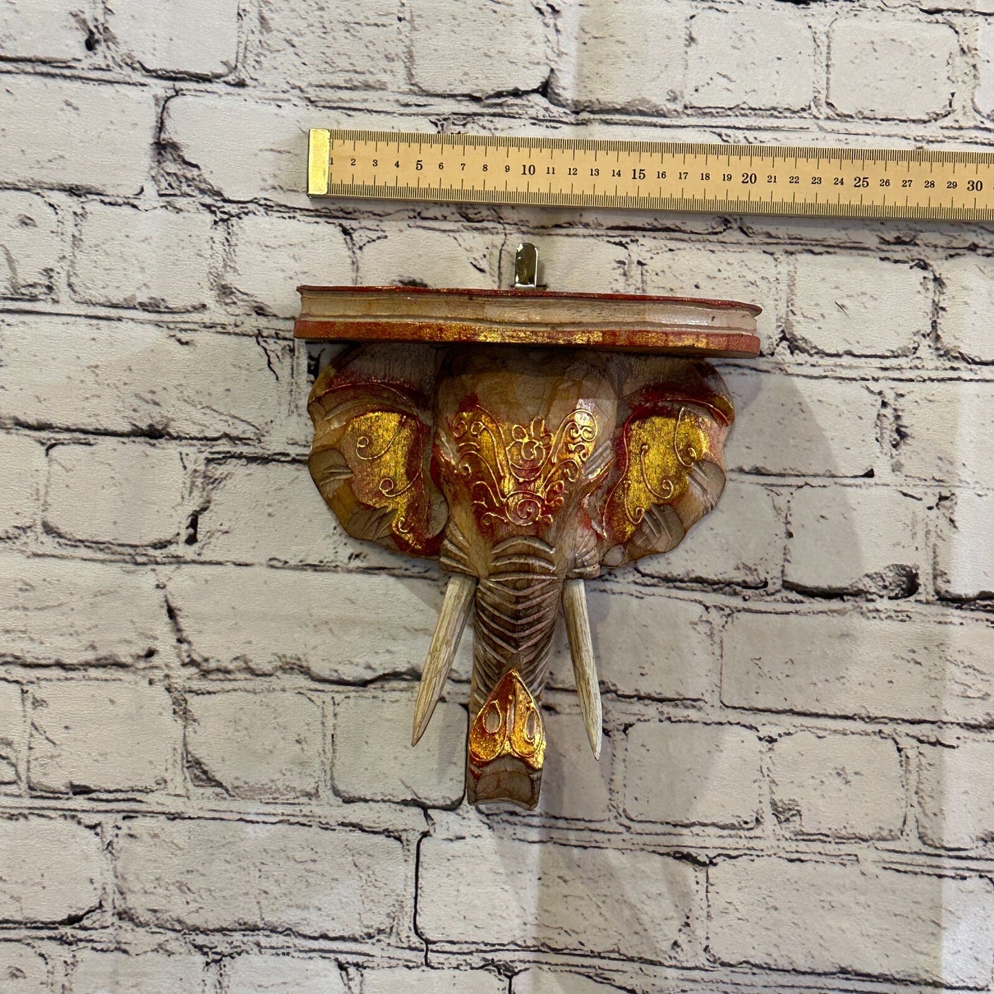 20cm x 20cm Brown Gold Shelf Wood Elephant Head Wall Mounted Art Large Shabby4