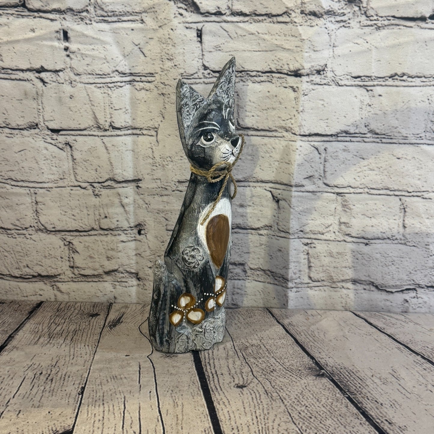 30cm Grey Silver Dots Wooden Shabby Cat Statue Ornament Fair Trade Handcarved2