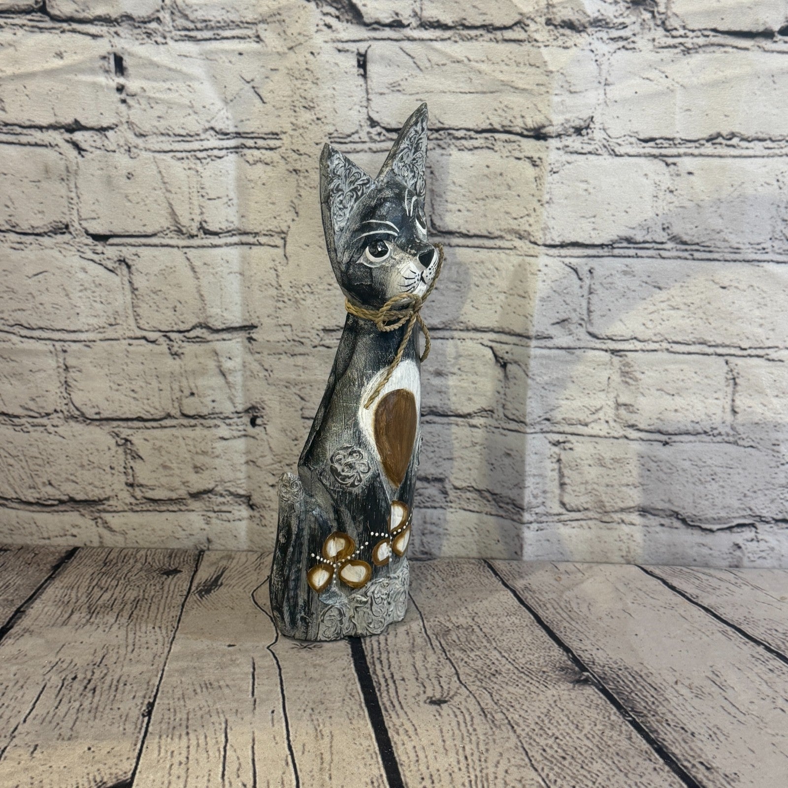 30cm Grey Silver Dots Wooden Shabby Cat Statue Ornament Fair Trade Handcarved2