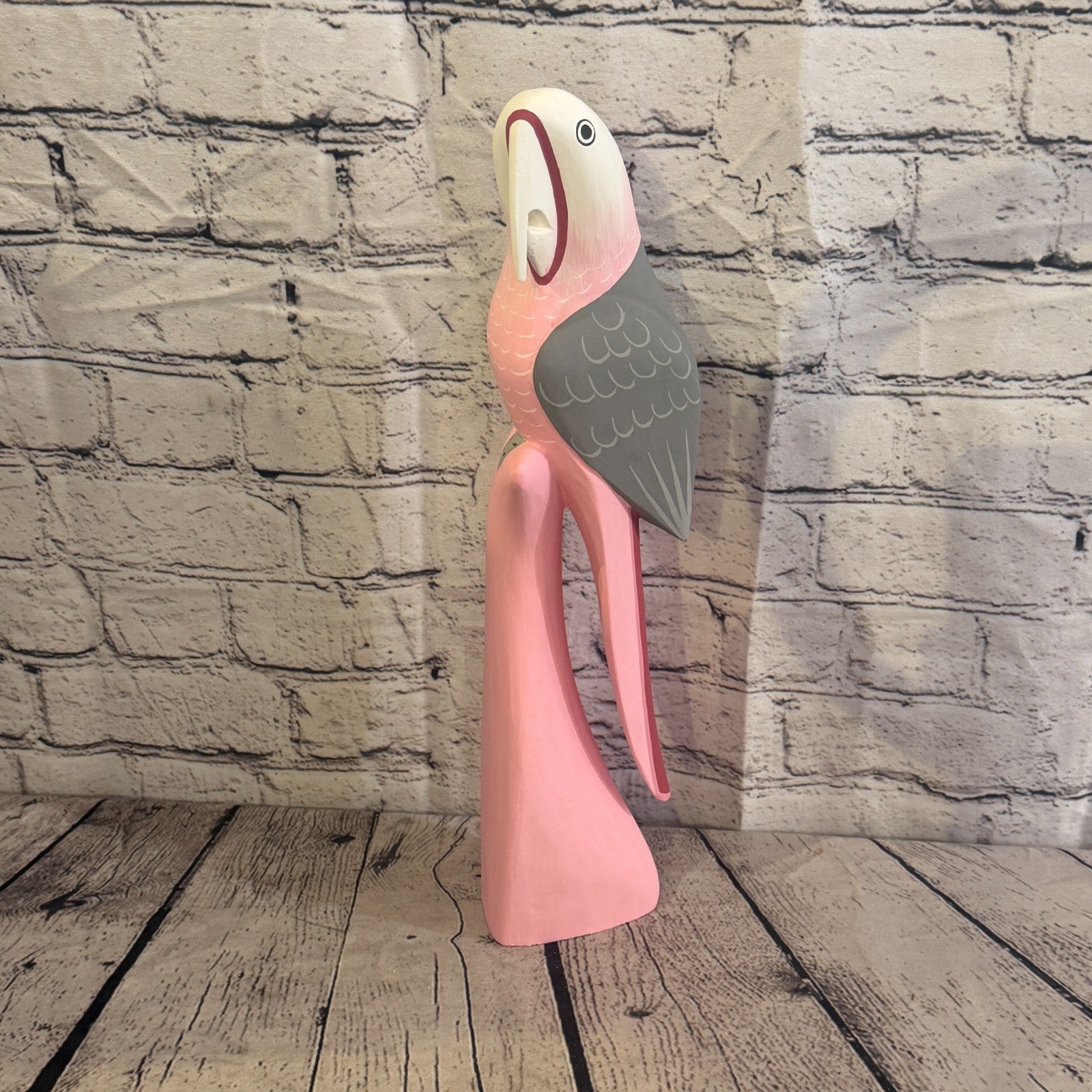 40cm Bright Pink Parrot Bird Ornament Statue Fair Trade Hand Made Carved Wood0