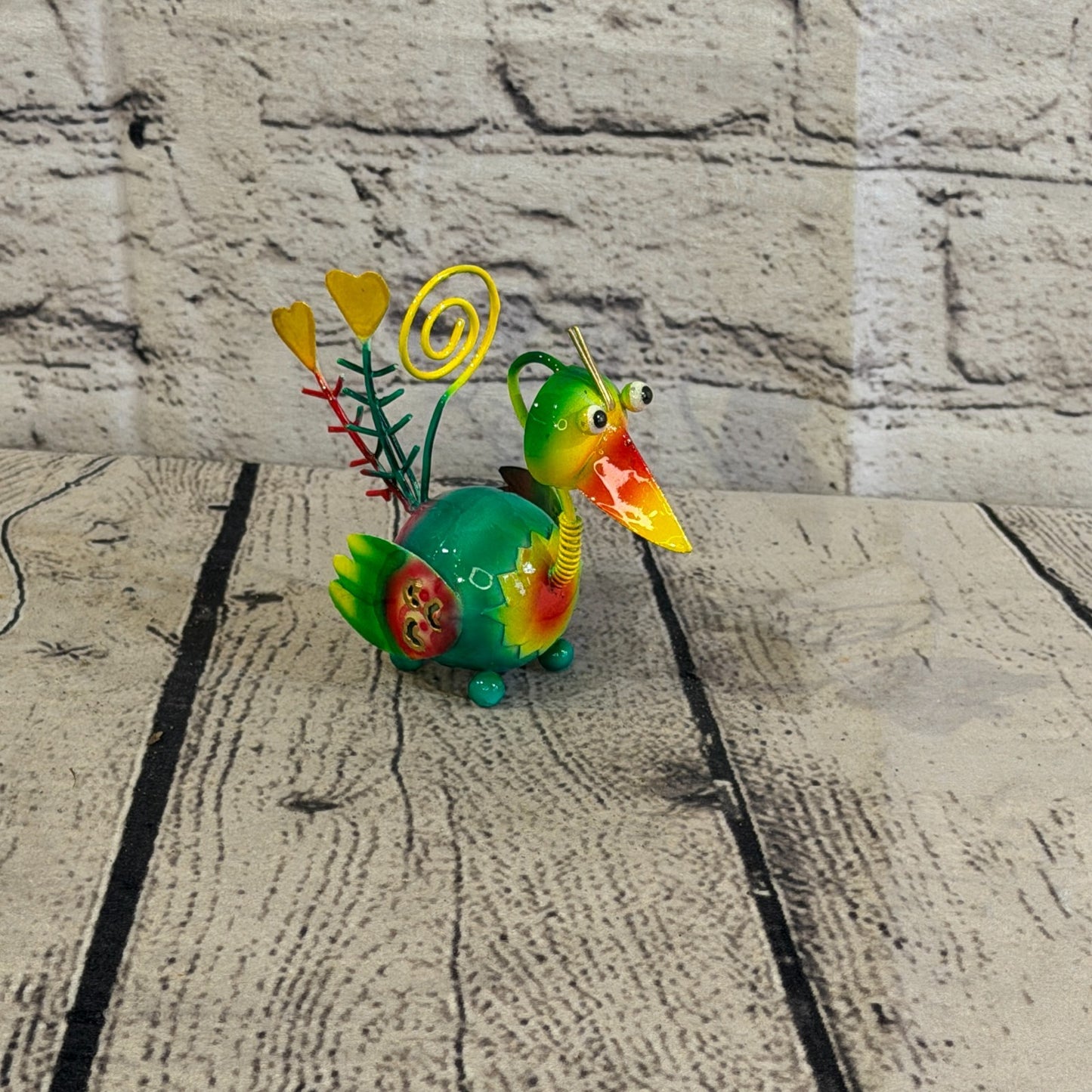 10cm x 10cm Small Colourful Bird Green Metal Tin Standing Ornament Statue2
