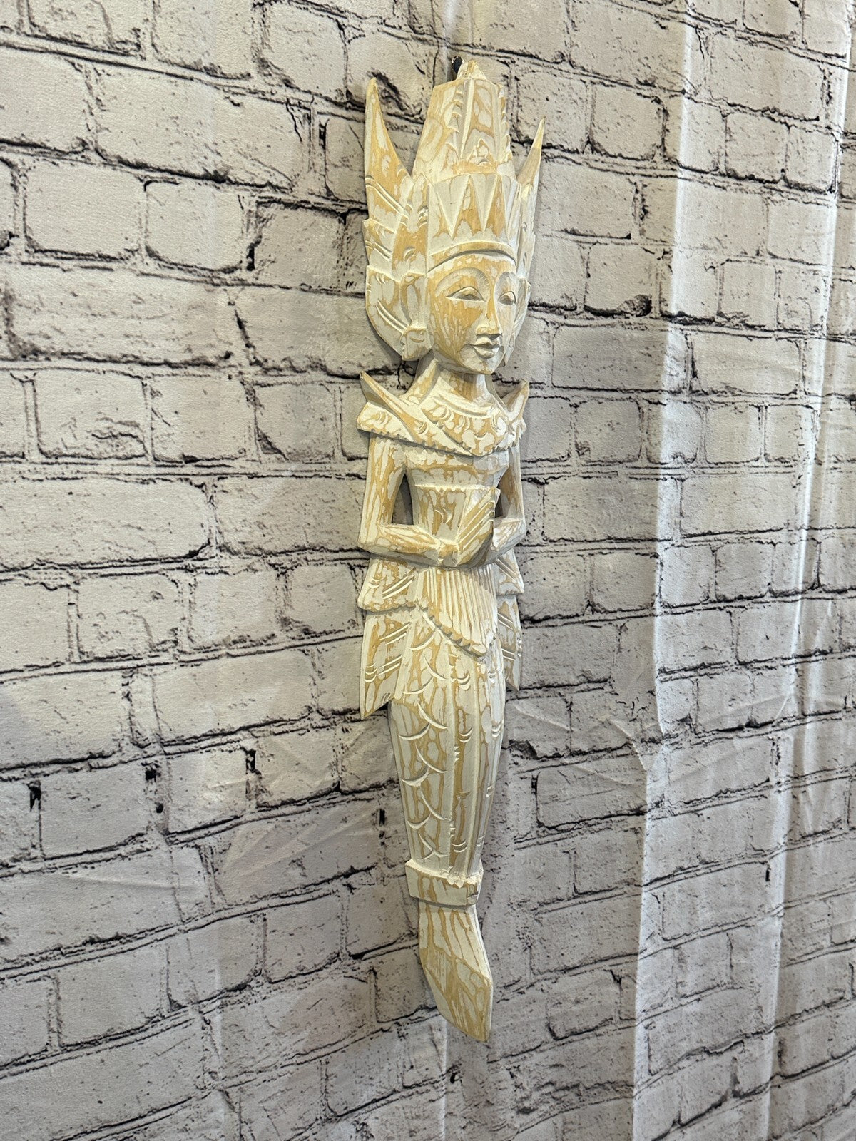 Shabby White Sita Dewi Bali Rice Goddess Wings Mermaid Wood Carving 65cm Pair3