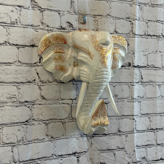 30cm x 30cm White Gold Painted Wood Elephant Head Wall Mounted Art Shabby0