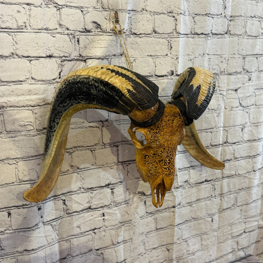 30cm Carved Buffalo Ram Wild Skulls Wall Hanging Carved With Stand Design 30