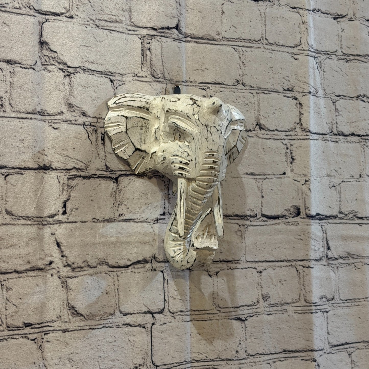 20cm x 20cm Plain White Painted Wood Elephant Head Wall Mounted Art Shabby0