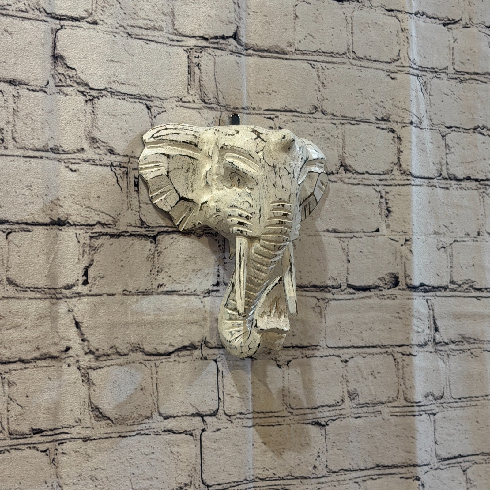 20cm x 20cm Plain White Painted Wood Elephant Head Wall Mounted Art Shabby0