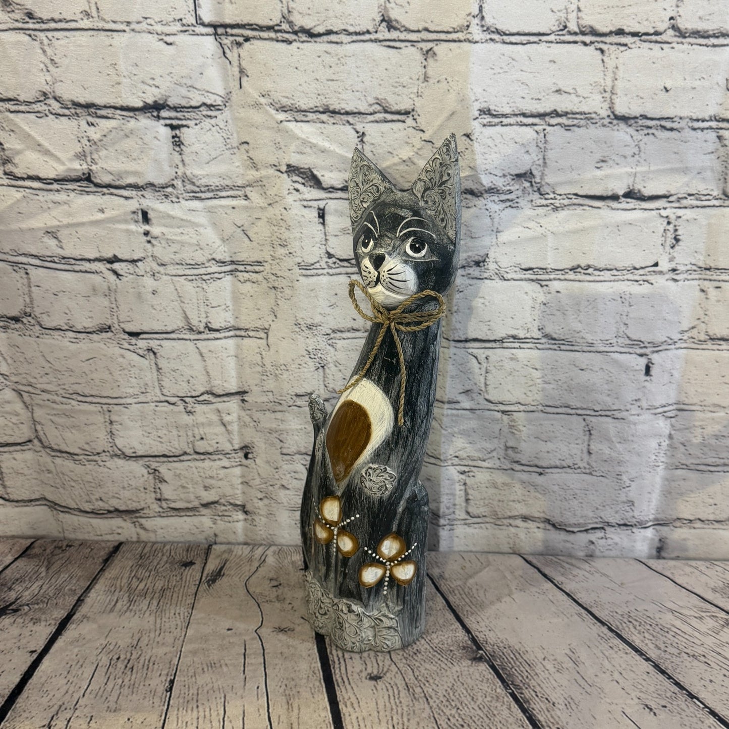 40cm Grey Silver Dots Wooden Shabby Cat Statue Ornament Fair Trade Handcarved1