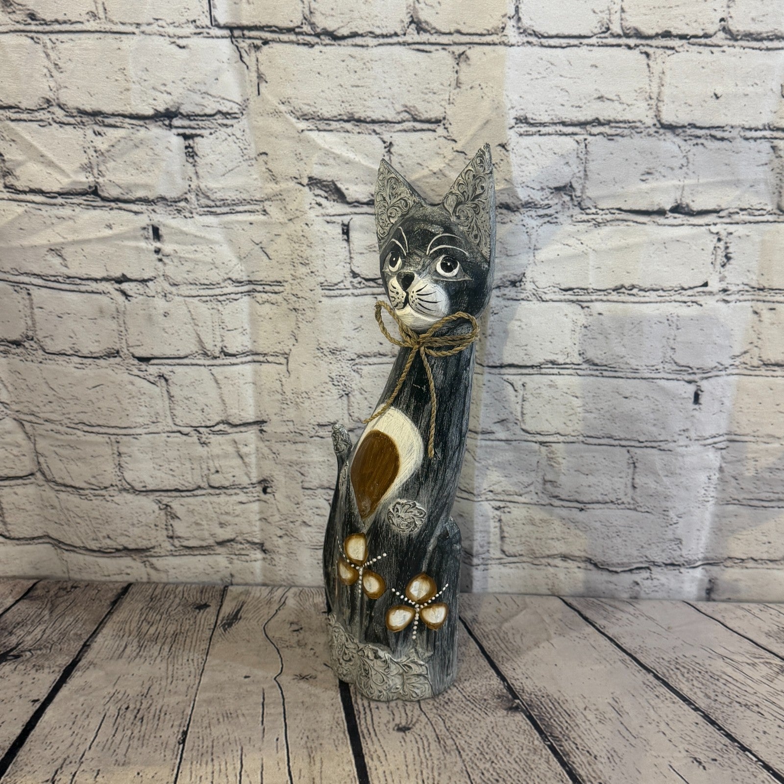 40cm Grey Silver Dots Wooden Shabby Cat Statue Ornament Fair Trade Handcarved1