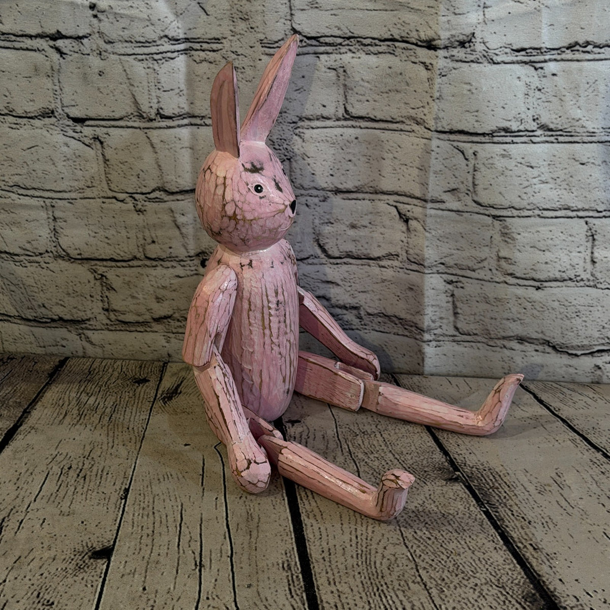 30cm Pink Bunny Rabbit Sitting Animal, Wooden Shelf Ornament Handmade Fairtrade2