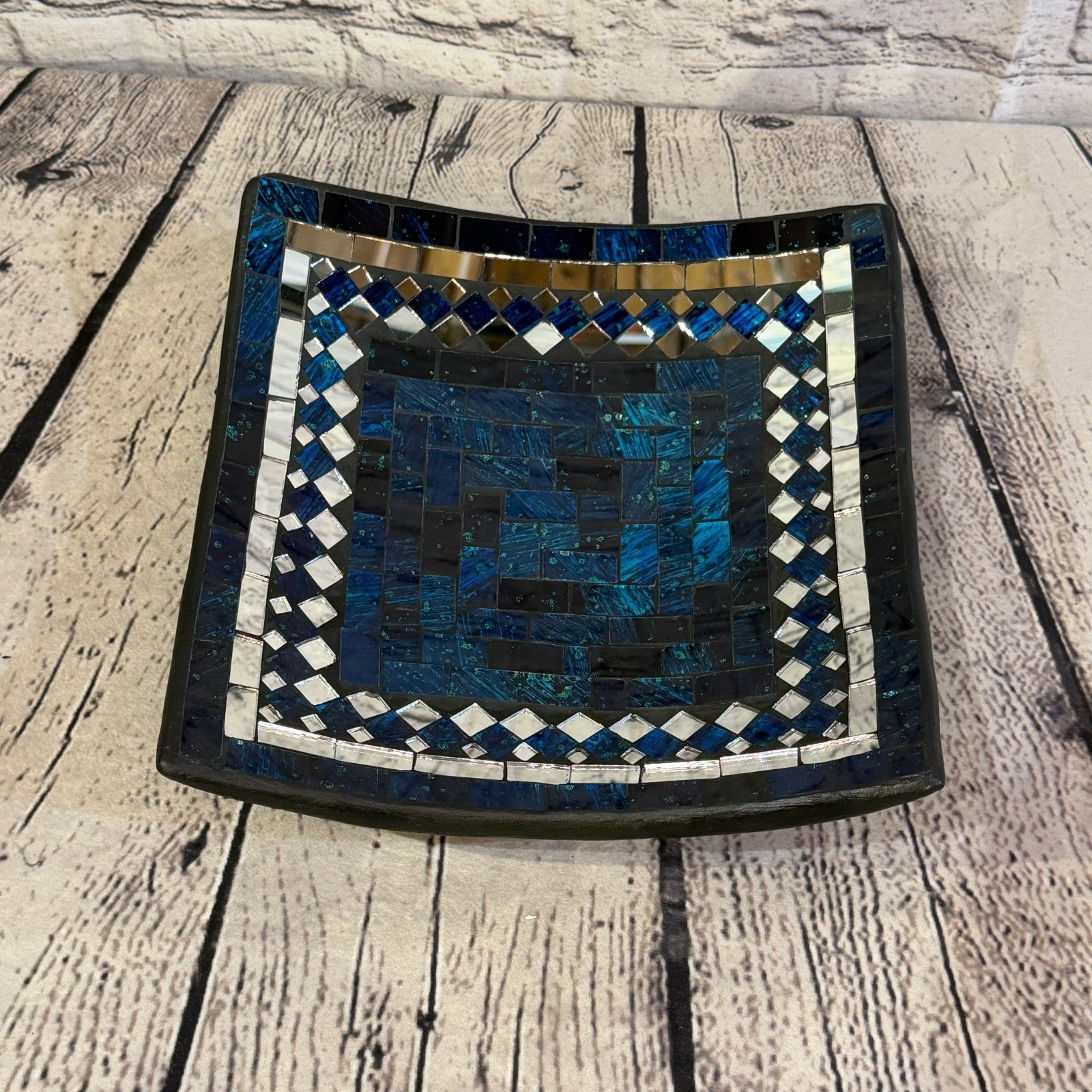 25cm Indigo Blue Square Mirror Mosaic Handmade Ceramic Glass Tile Bowl Fruit0