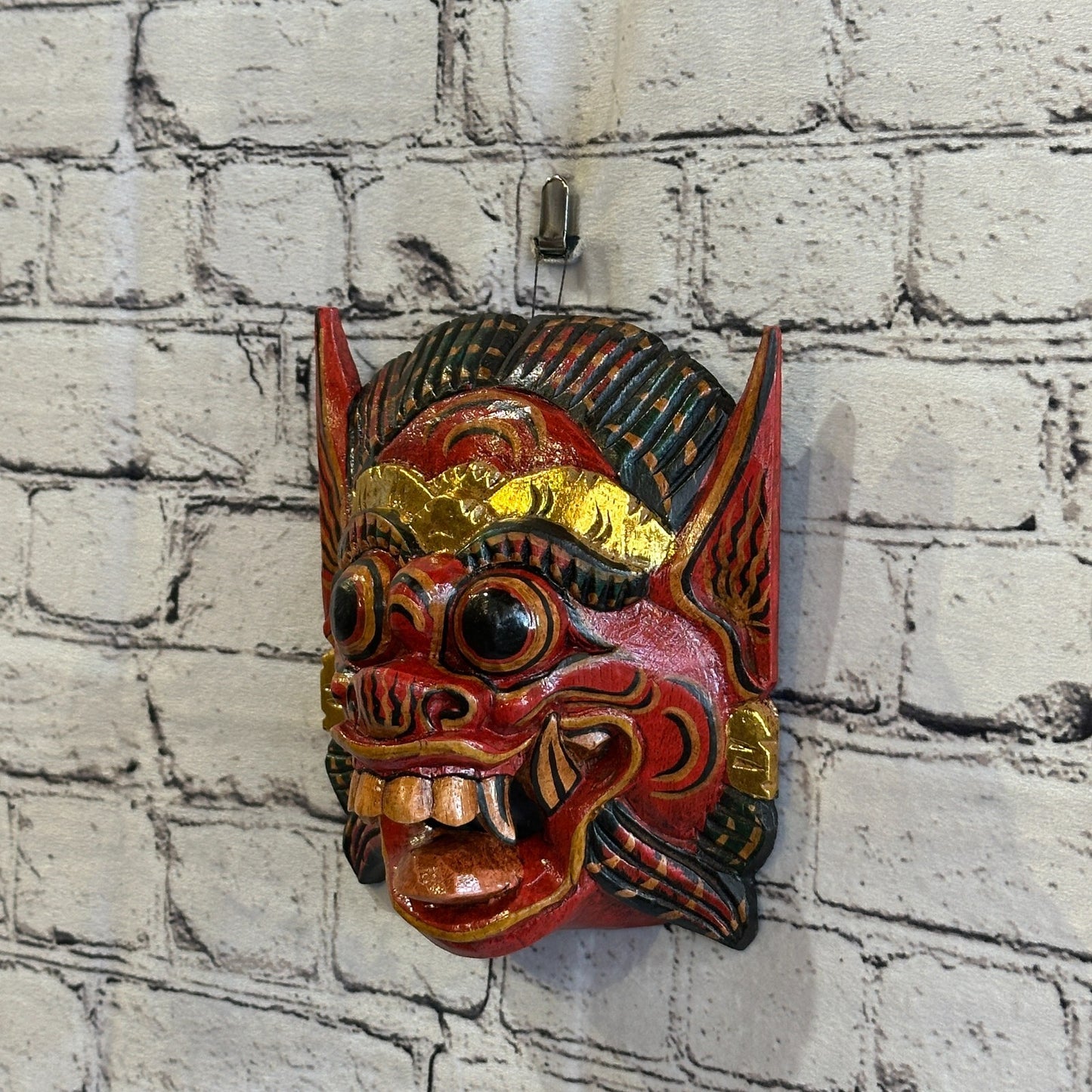Large Wooden Red Barong Wall Mask 18cm x 18cm Handmade And Fairtrade Hindu1