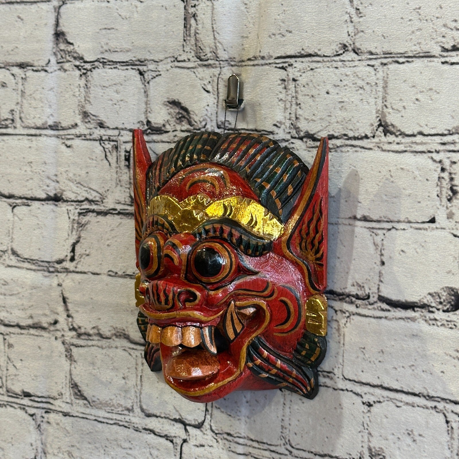 Large Wooden Red Barong Wall Mask 18cm x 18cm Handmade And Fairtrade Hindu1