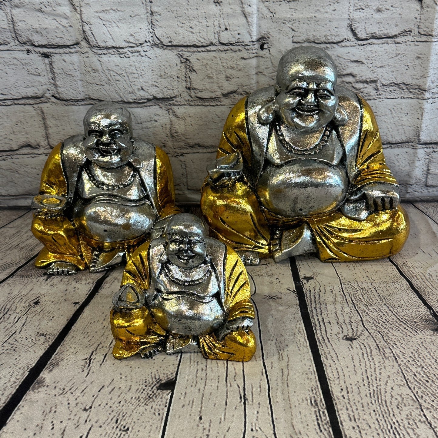Silver And Gold 12cm x 12cm Large Chinese Buddha Sitting On Lotus Statue Resin9
