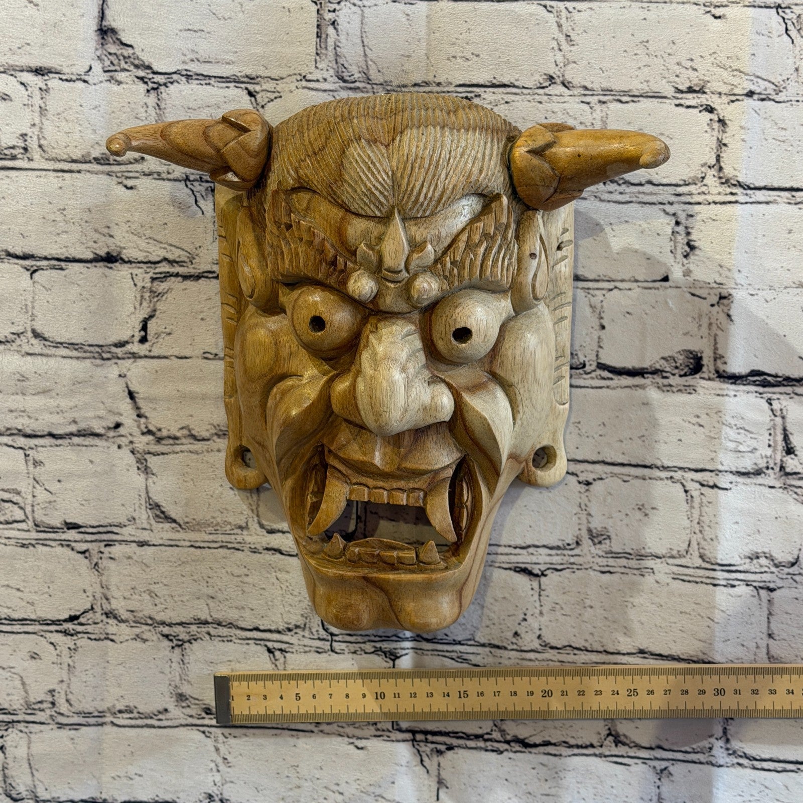 30cm x 25cm Wooden Japan Oni Mask Wall Art Hibiscus Wood Hand Carved Fair Trade3