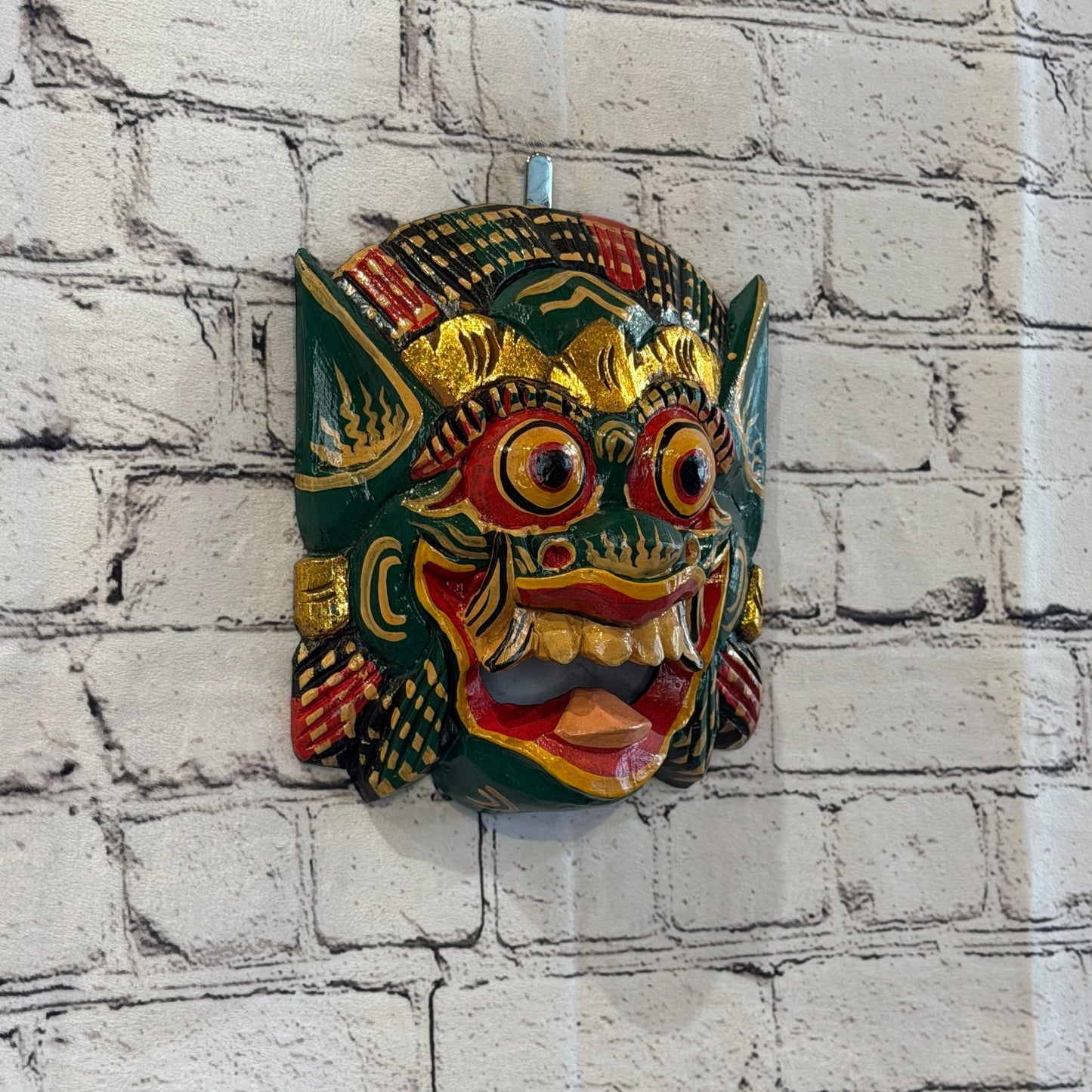 Large Wooden Green Barong Wall Mask 20cm x 20cm Handmade And Fairtrade Hindu0