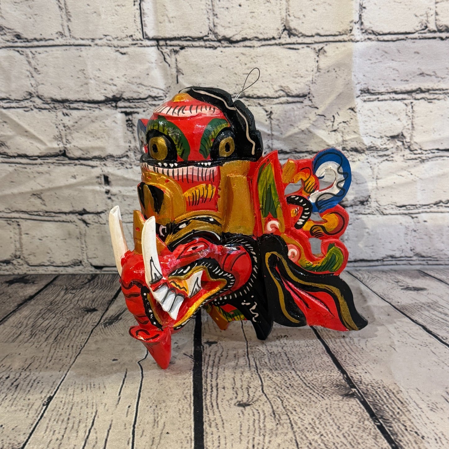 25cm Ganash Ganesha Red Elephant Hindu Deity Wooden Hand Carved Mask Painted2