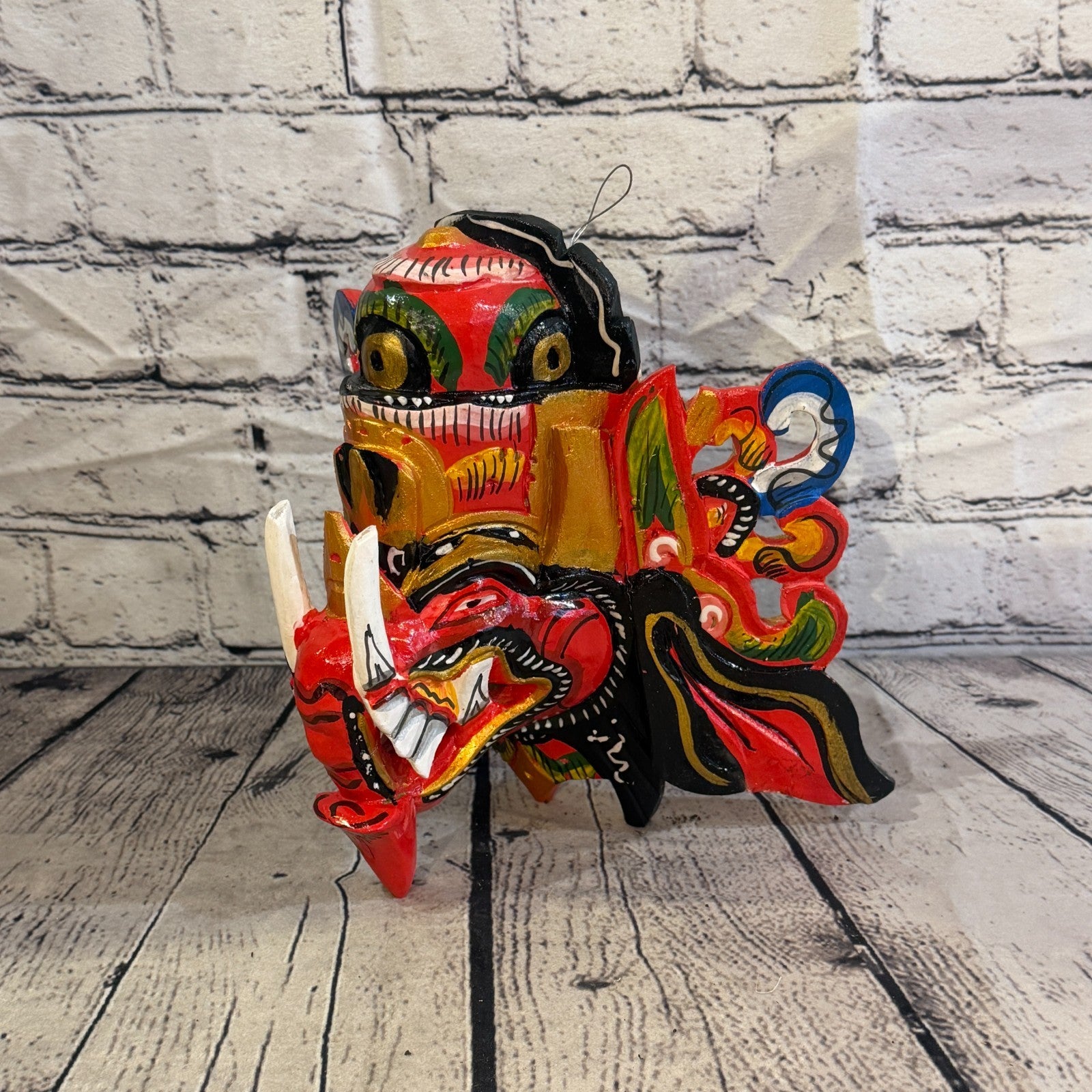 25cm Ganash Ganesha Red Elephant Hindu Deity Wooden Hand Carved Mask Painted2