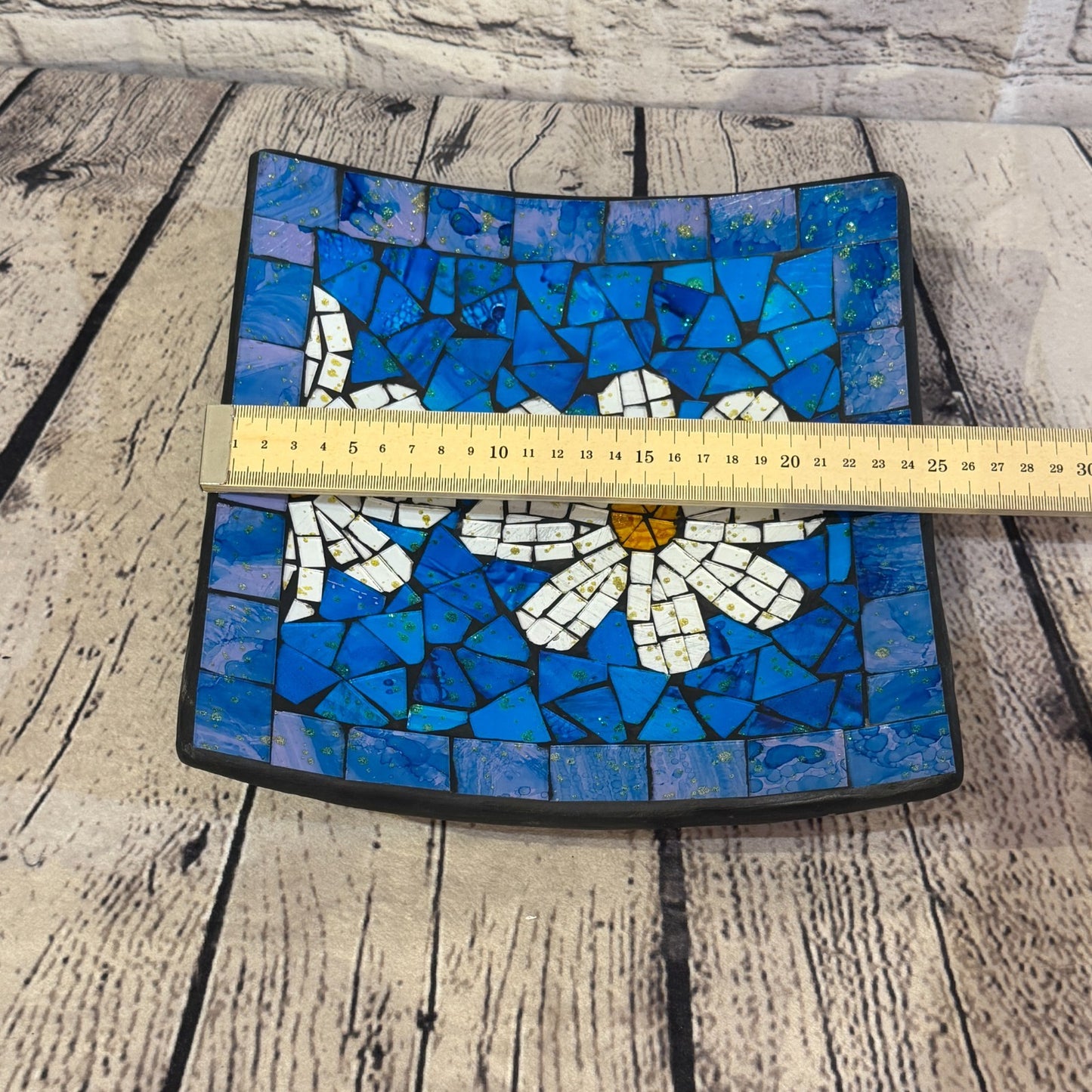 25cm Blue Daisy Flower Square Mosaic Handmade Ceramic Glass Tile Bowl Fruit1