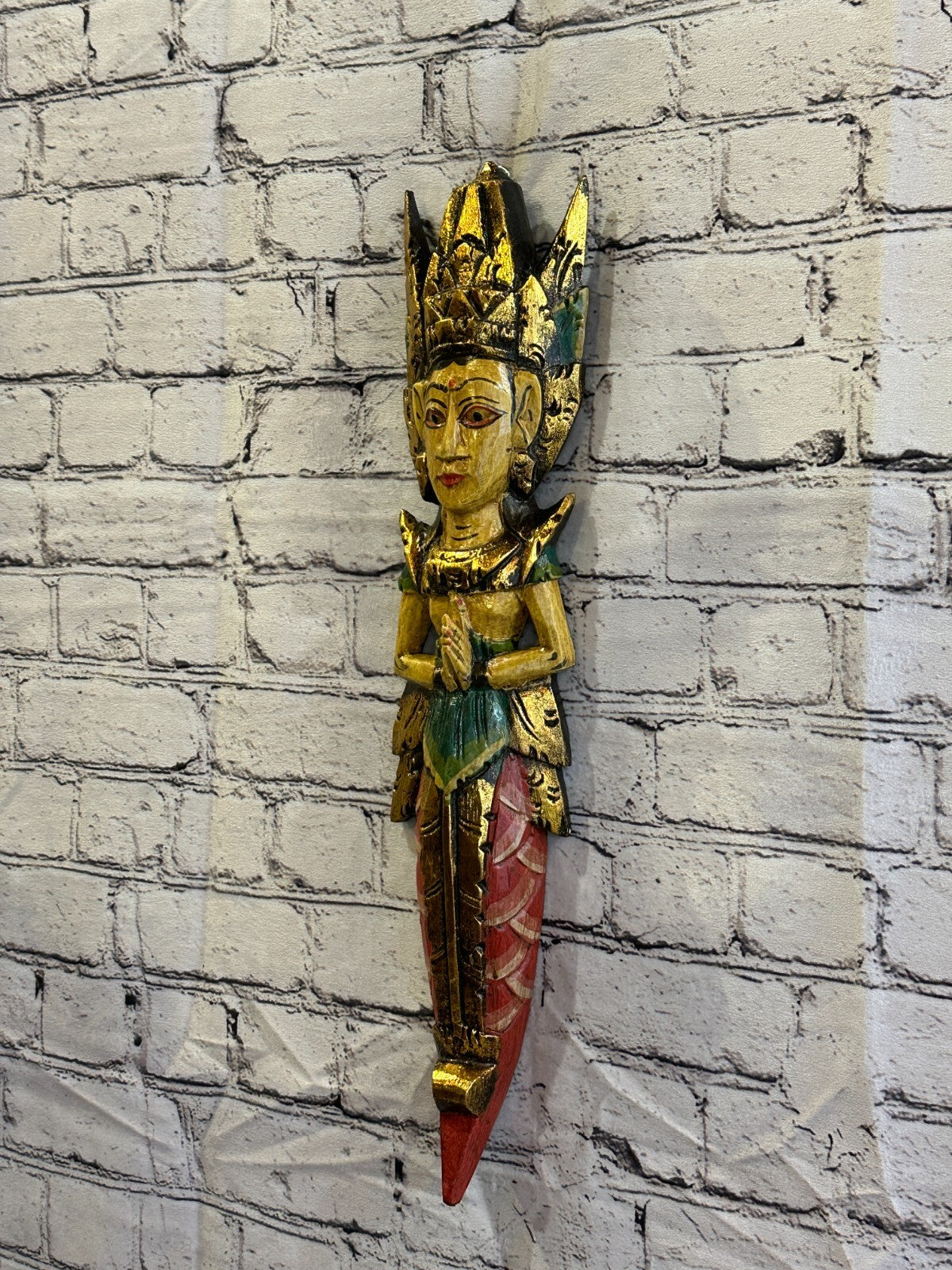 Old Antique Colour Sita Dewi Bali Rice Goddess Wings Mermaid Wood 50cm Pair2