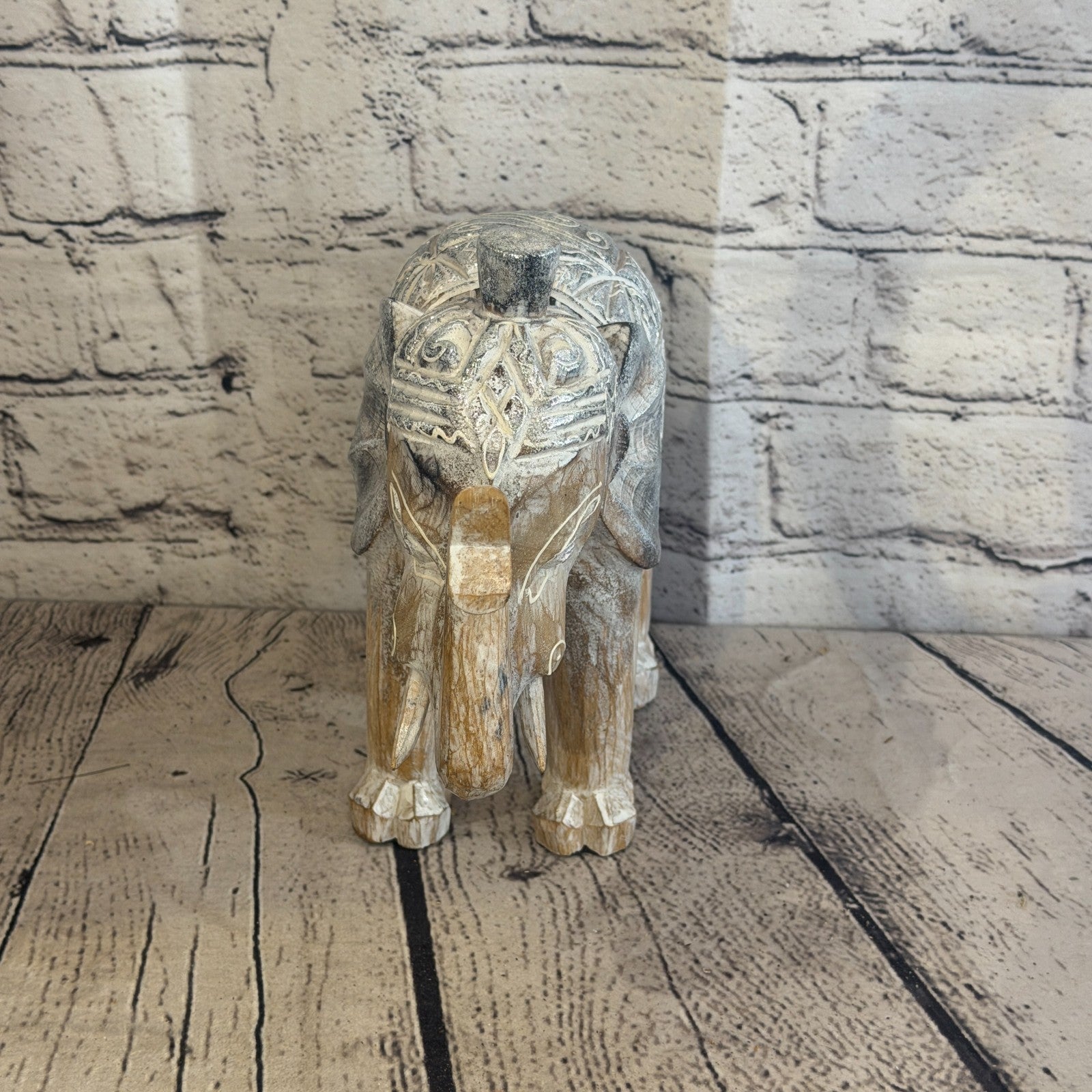 20cm x 20cm Brown Silver Wooden Standing Elephant Hand Carved & Painted1