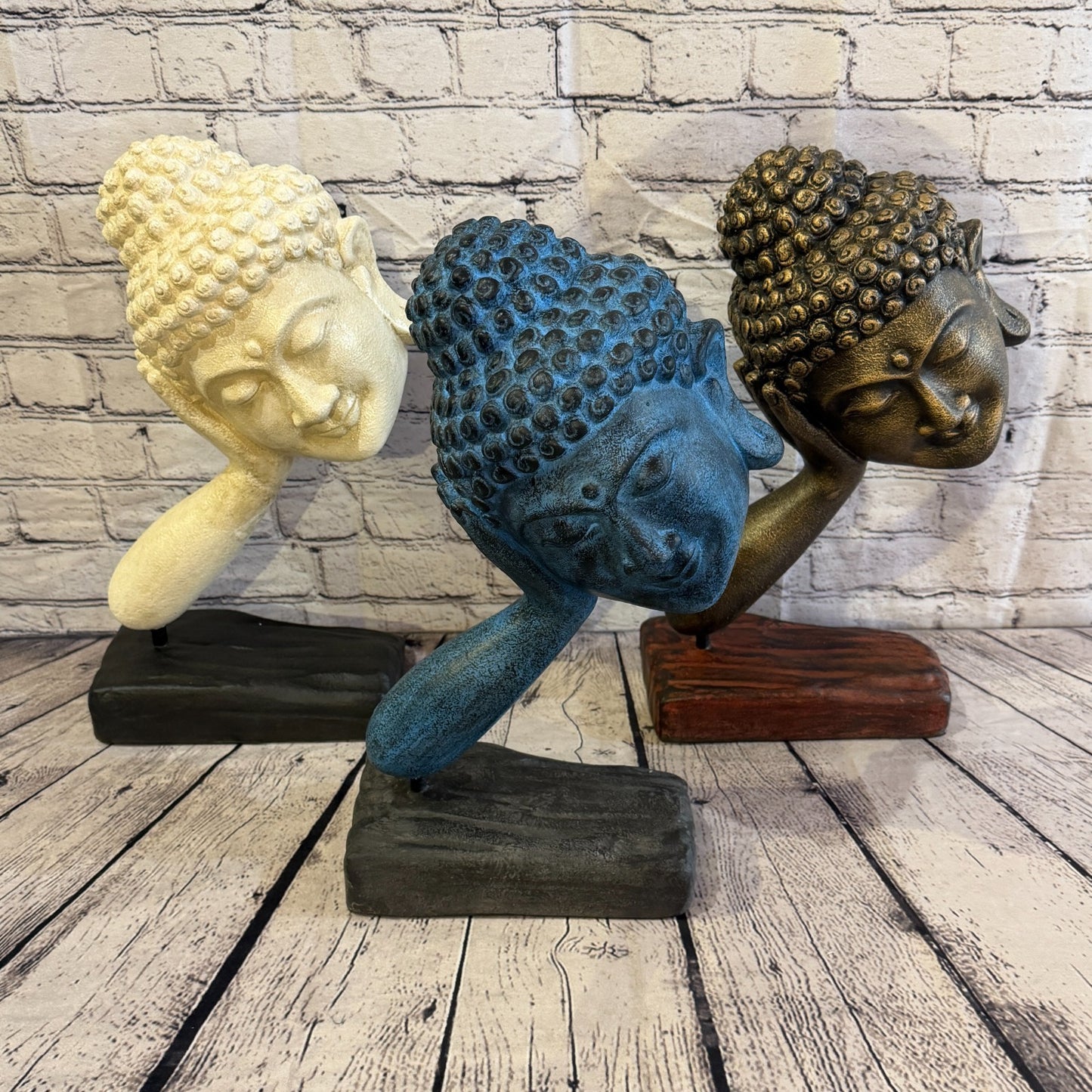 White 45cm x 25cm Thai Buddha Head In Hand On Base Statue Resin Hindu8