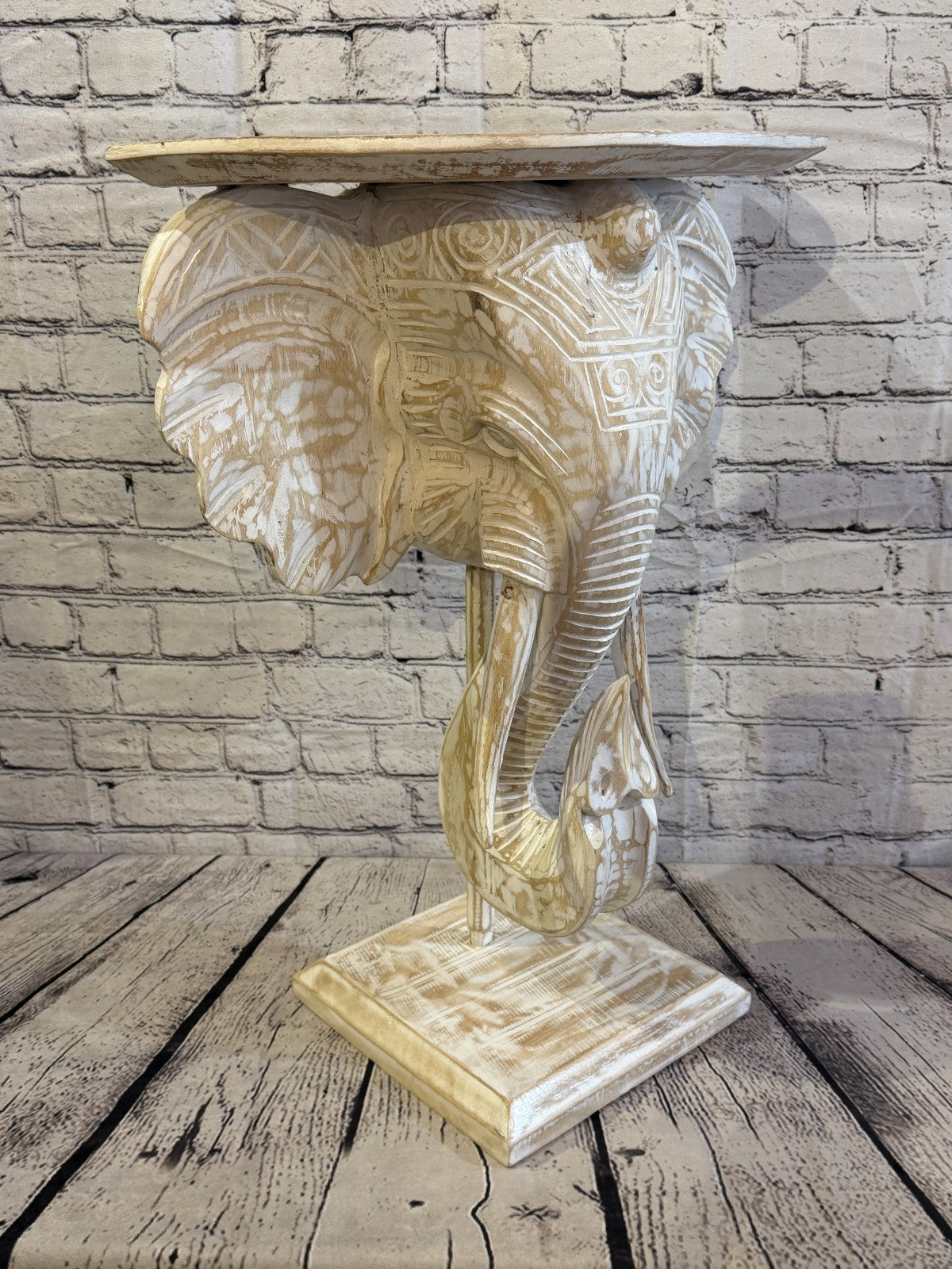 50cm x 45cm White Carved Wood Elephant Head Shelf Wall Mounted Art Large Shabby5
