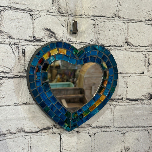 Blue Heart Shape Mosaic Tile Wall Mirror 20cm x 15cm 8 Inches Handmade New0