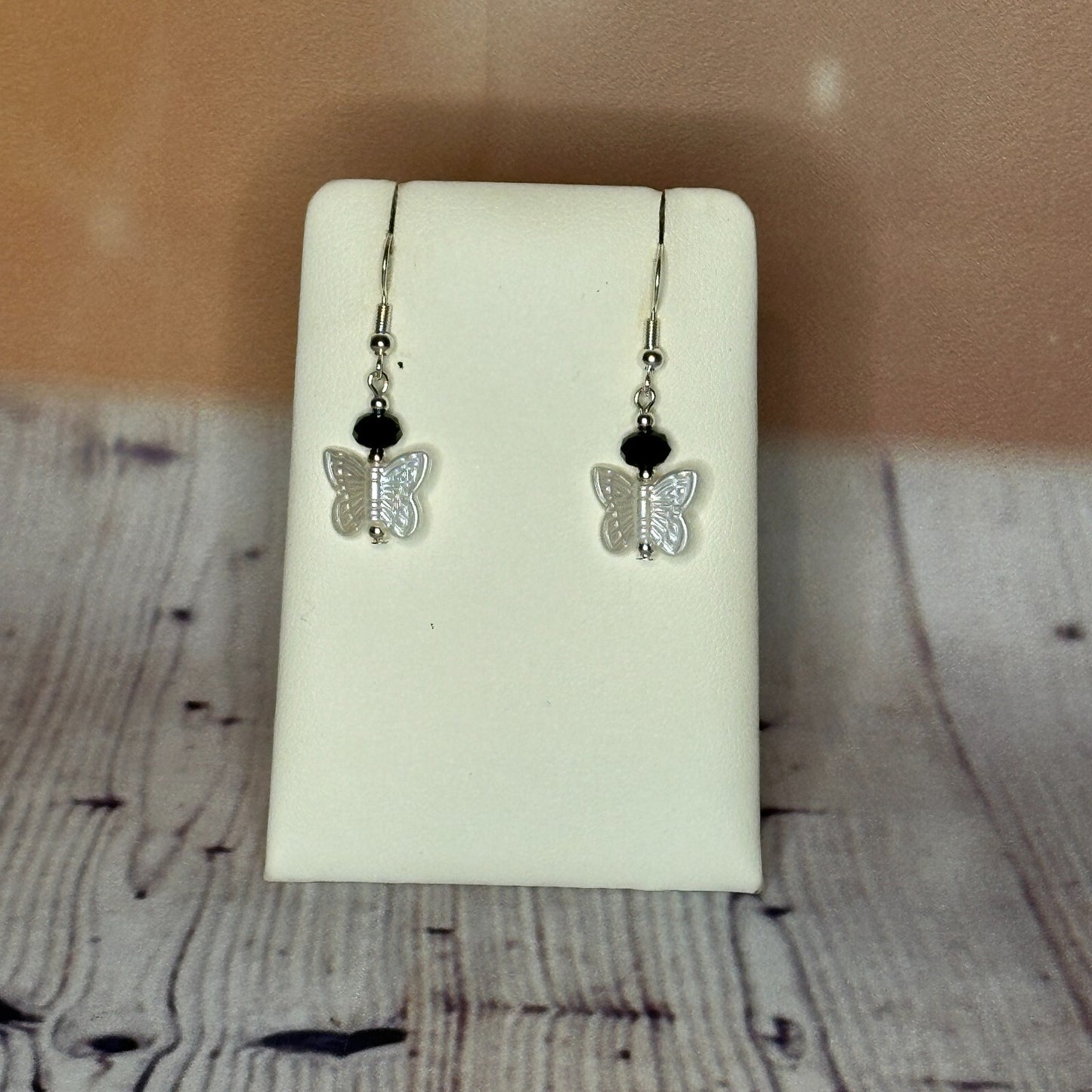 Black Crystal And White Butterfly Dangle Drop Earrings Handmade UK Jewellery0