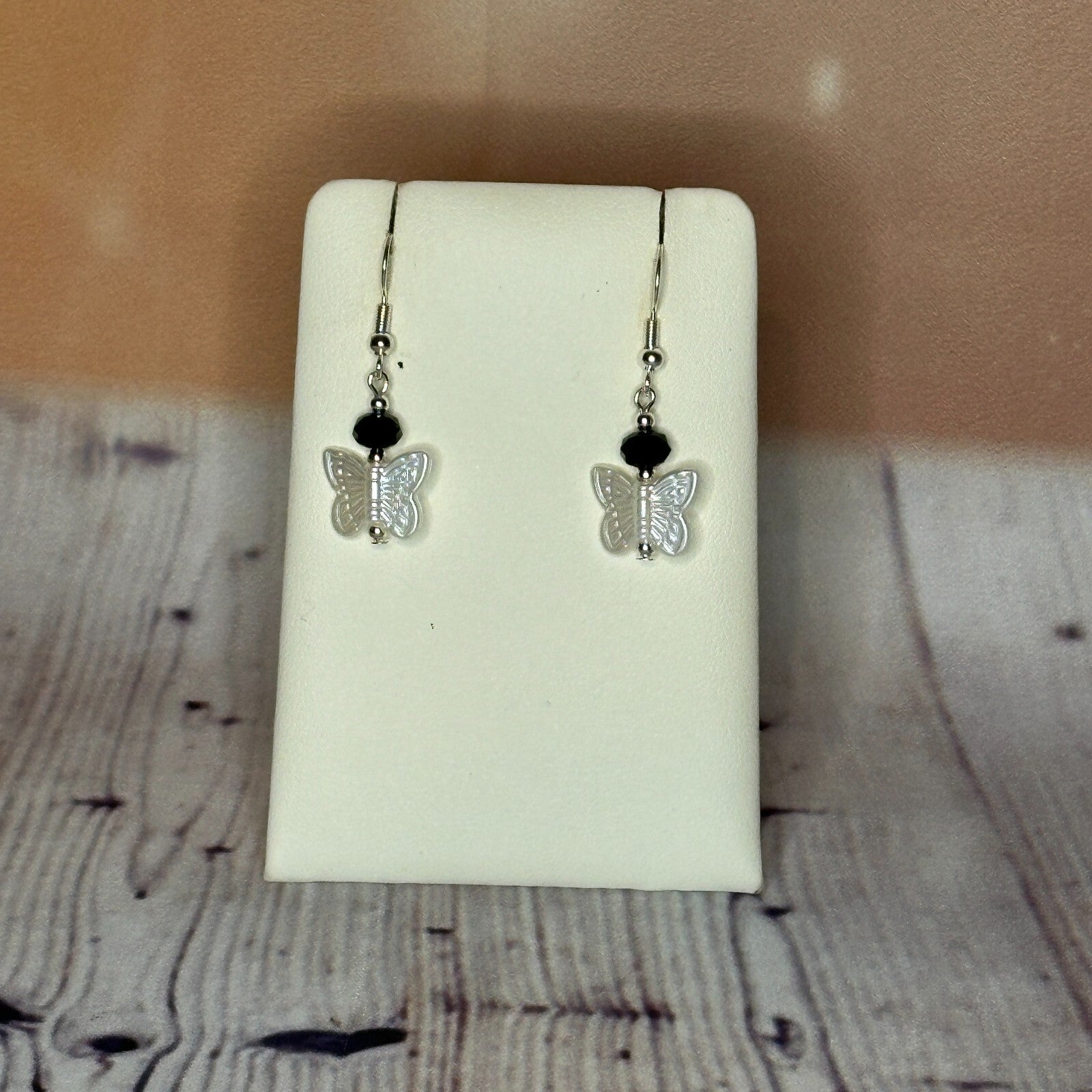 Black Crystal And White Butterfly Dangle Drop Earrings Handmade UK Jewellery0