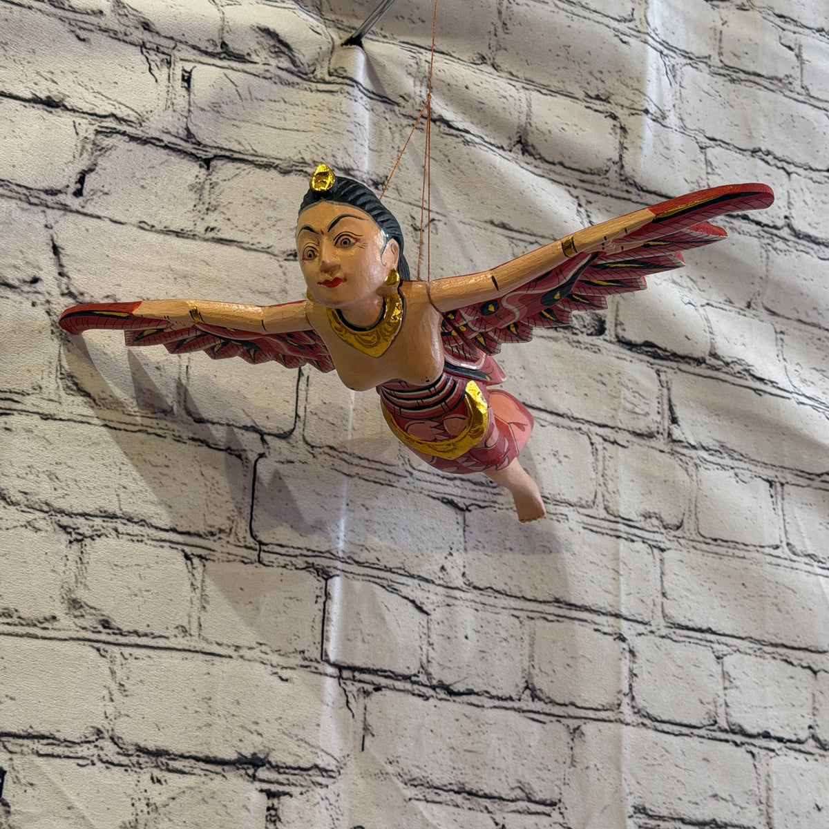30cm Red Sita Hindu Folk Art Carved Wood Flying Winged Mobile Spirit Guardian1