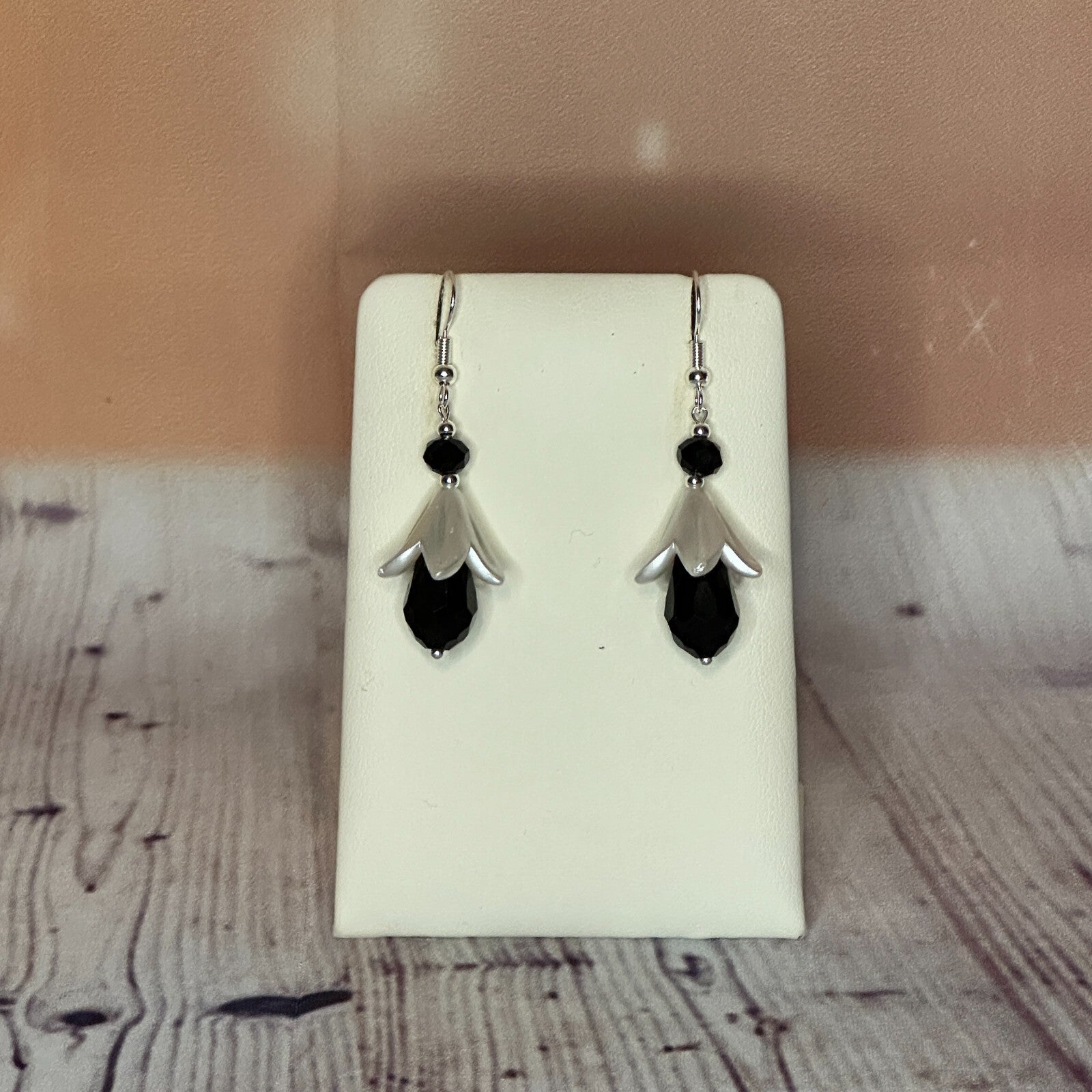 Black Drop Crystal Lily Flower With Dangle Drop Earrings Handmade UK Jewellery0