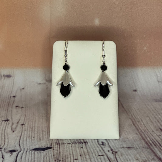 Black Drop Crystal Lily Flower With Dangle Drop Earrings Handmade UK Jewellery0