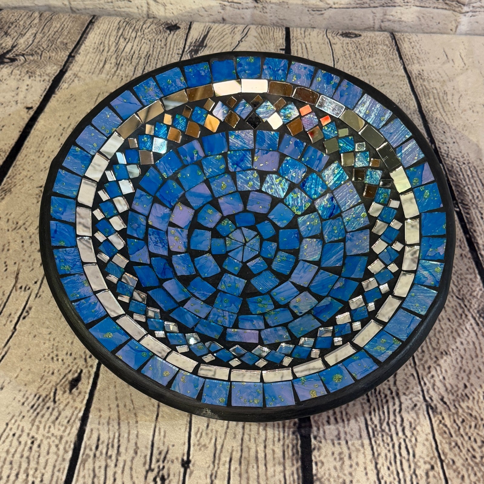 28cm Light Blue Round Mirror Mosaic Handmade Ceramic Glass Tile Bowl Fruit0