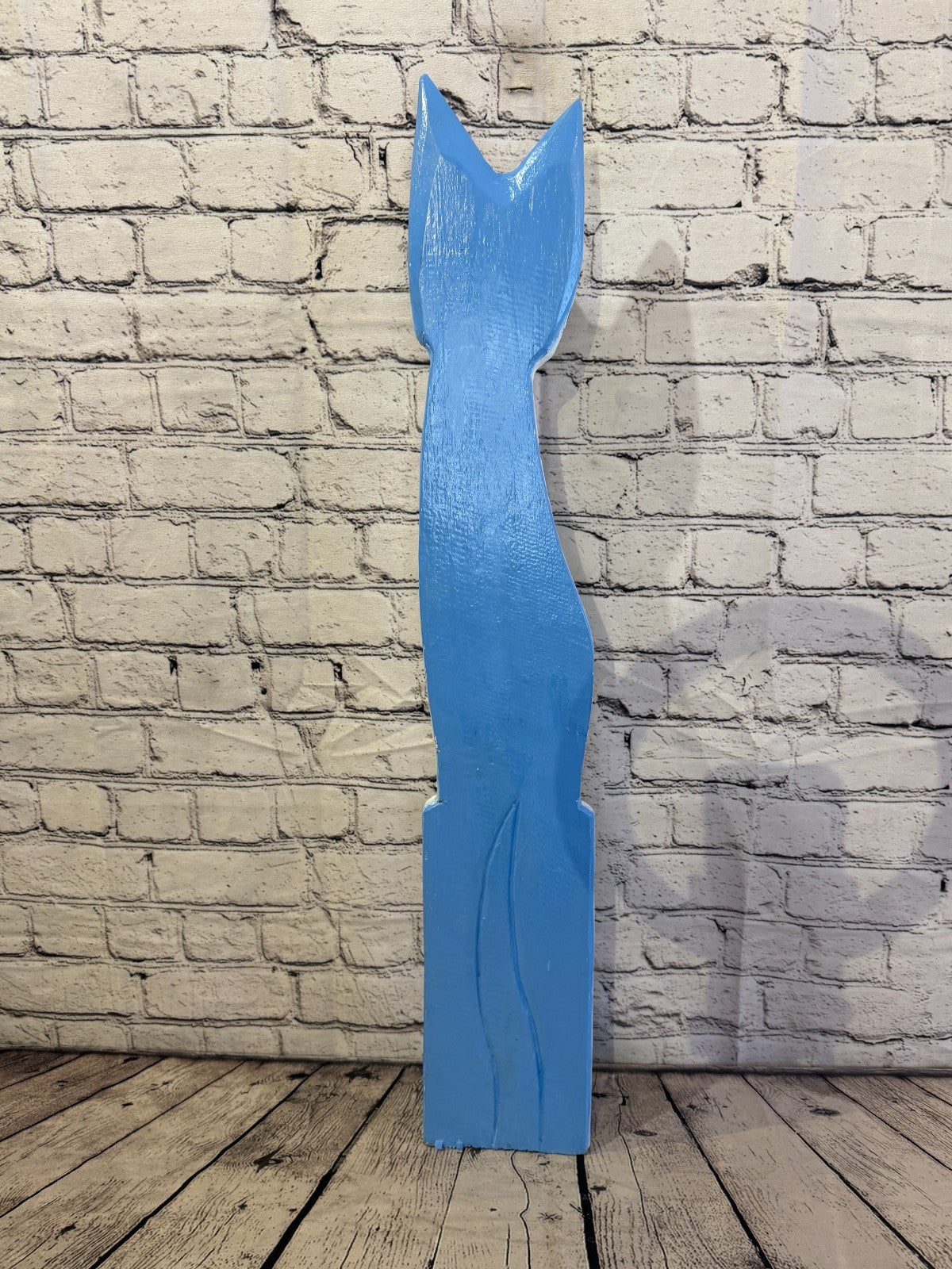 80cm Blue White Flower Wooden Shabby Cat Statue Ornament Fair Trade Handcarved4