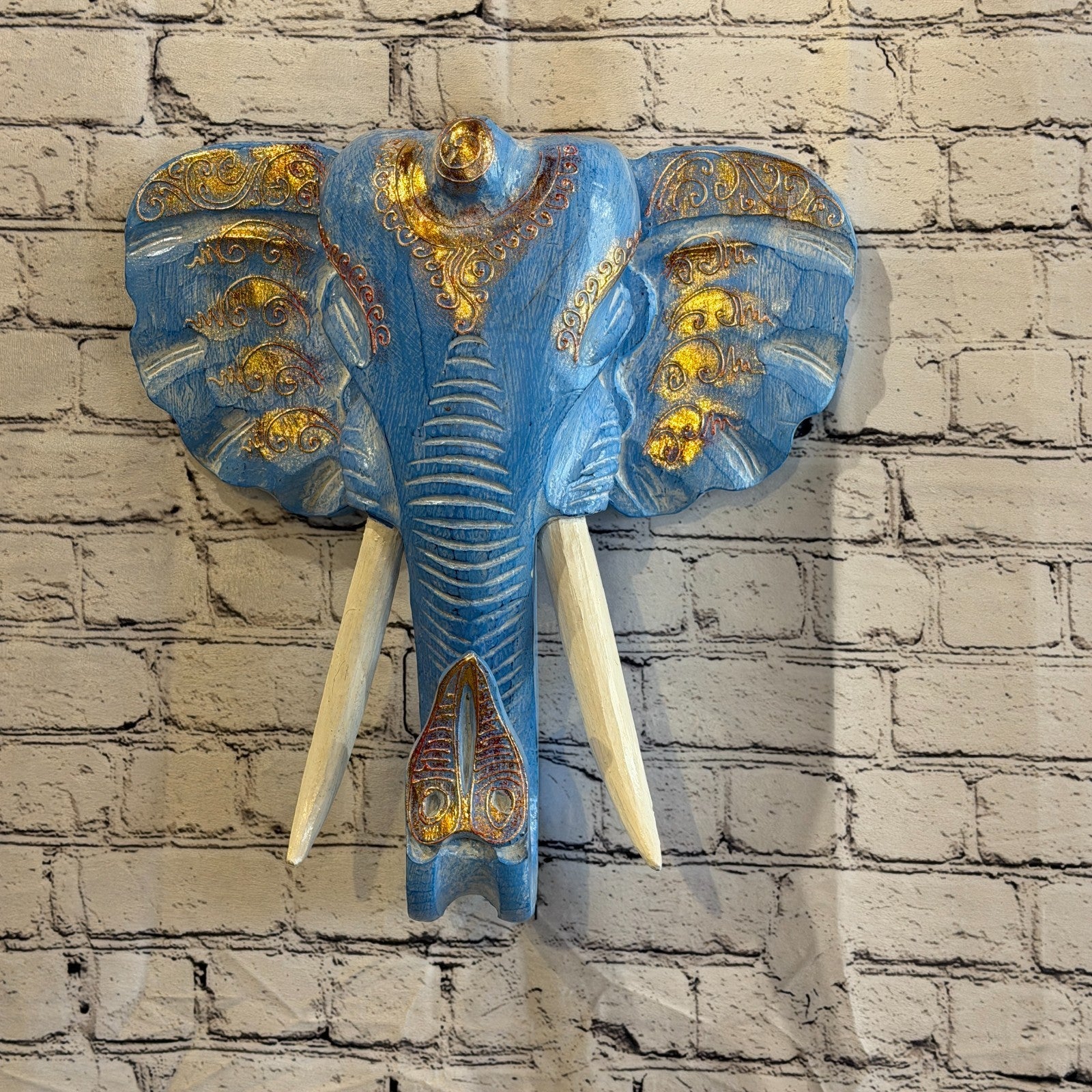 40cm x 40cm Blue Gold Painted Wood Elephant Head Wall Mounted Art Shabby2