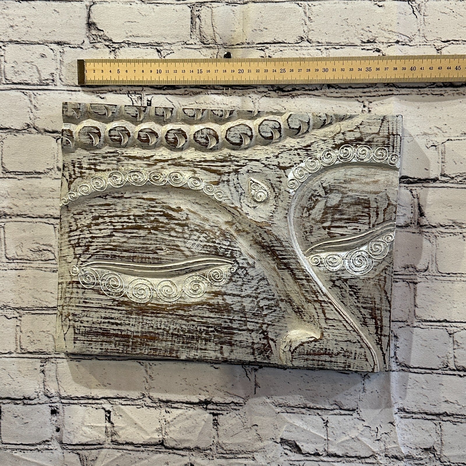 Wooden Wood Panel 40cm Brown White Buddha Eyes Lotus Wall Art Plaque Handcarved3