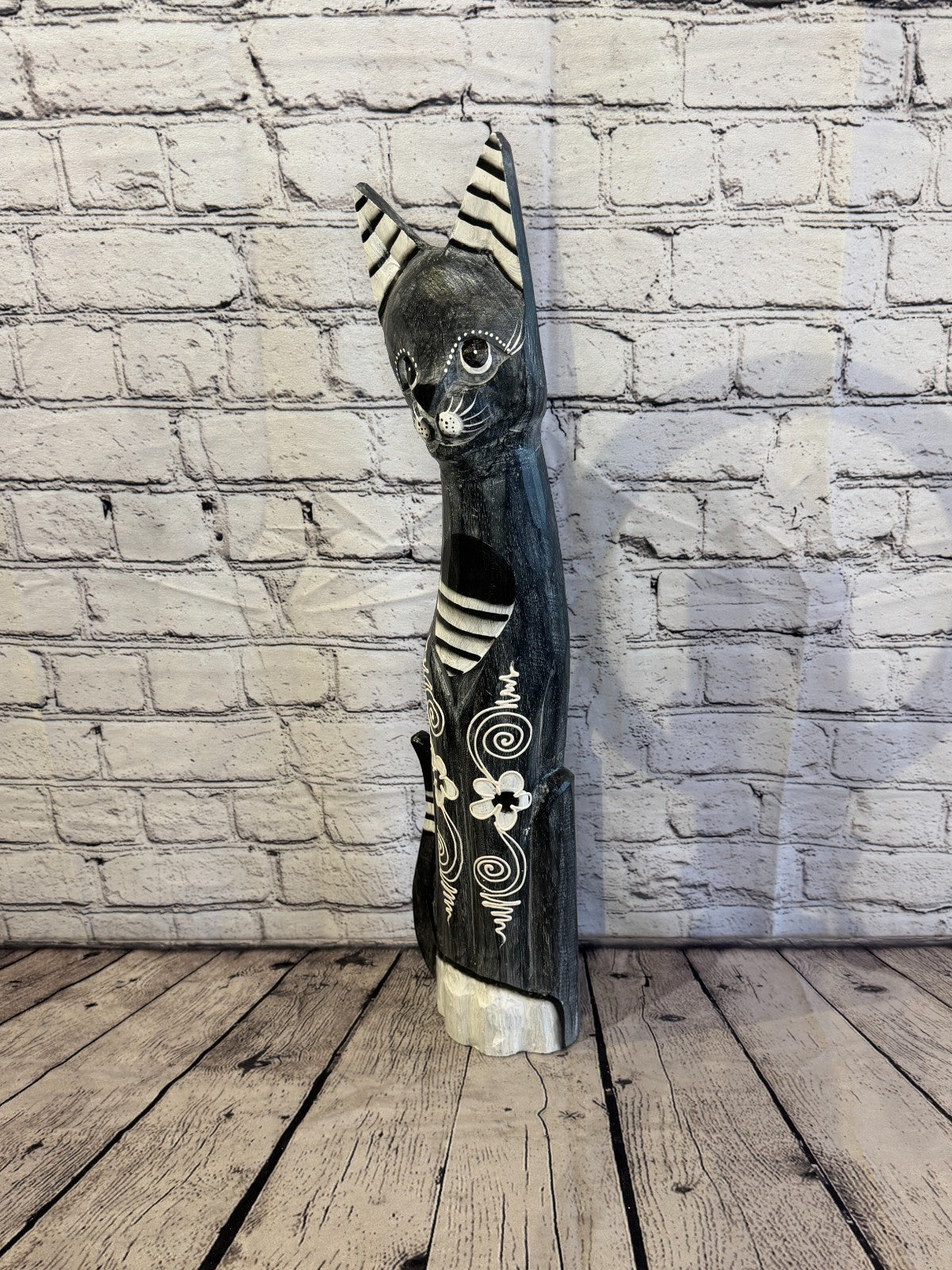 60cm Grey Flower Wooden Shabby Cat Statue Ornament Fair Trade Handcarved1