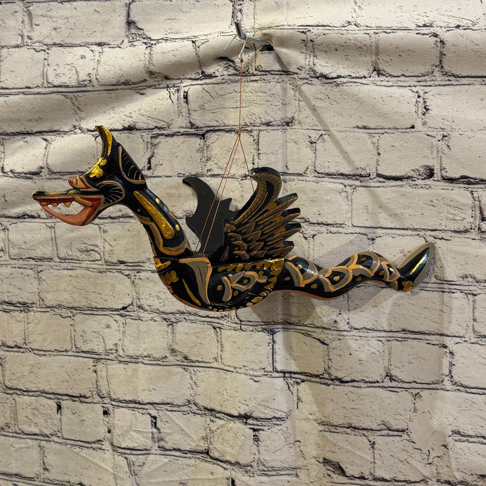 40cm Black Dragon Folk Art Carved Wood Flying Winged Mobile Spirit Guardian0