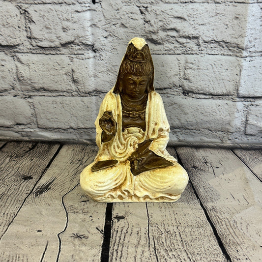 White & Bronze 18cm x 10cm Small Quan Yin Sitting Lotus Statue Resin Hindu God0