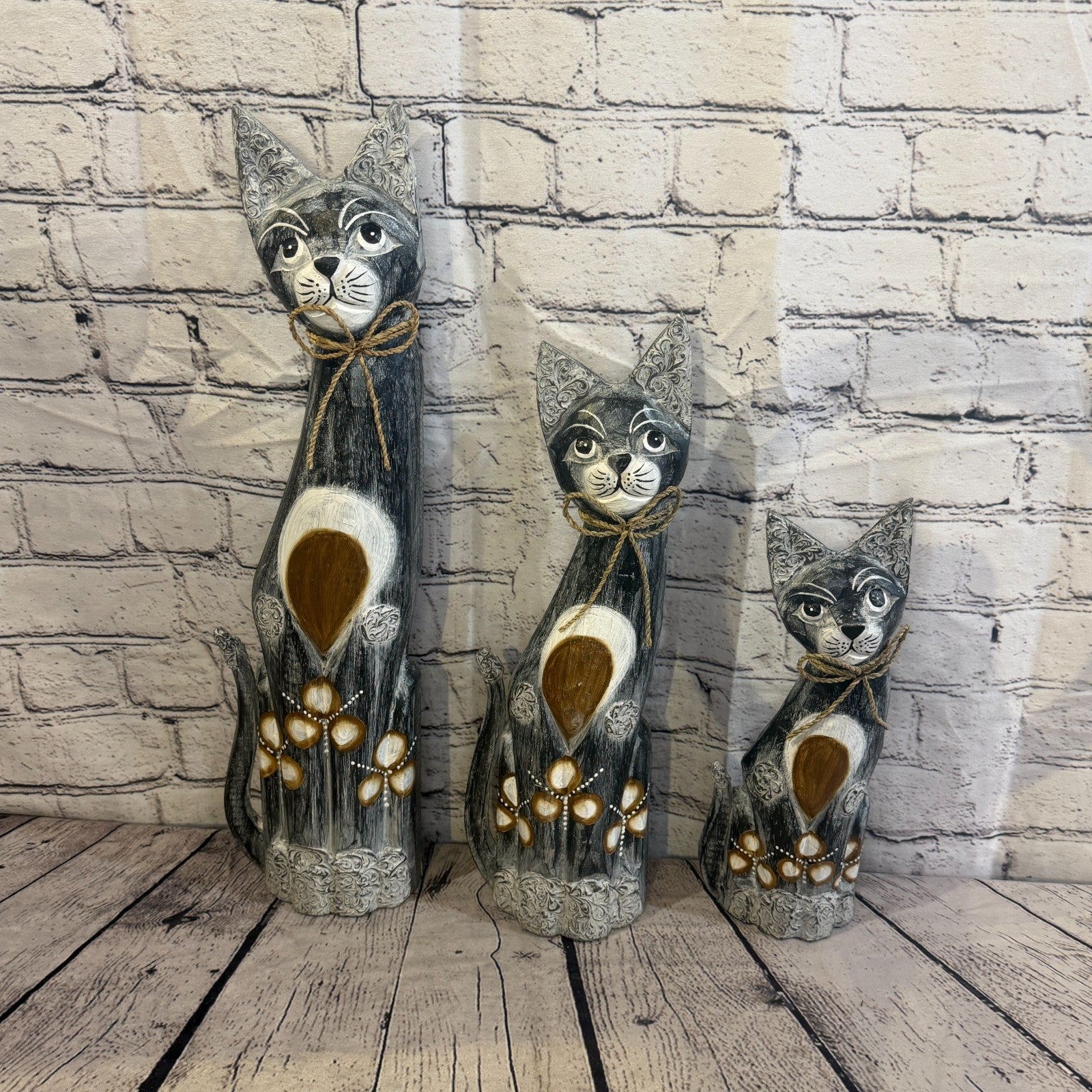 40cm Grey Silver Dots Wooden Shabby Cat Statue Ornament Fair Trade Handcarved8