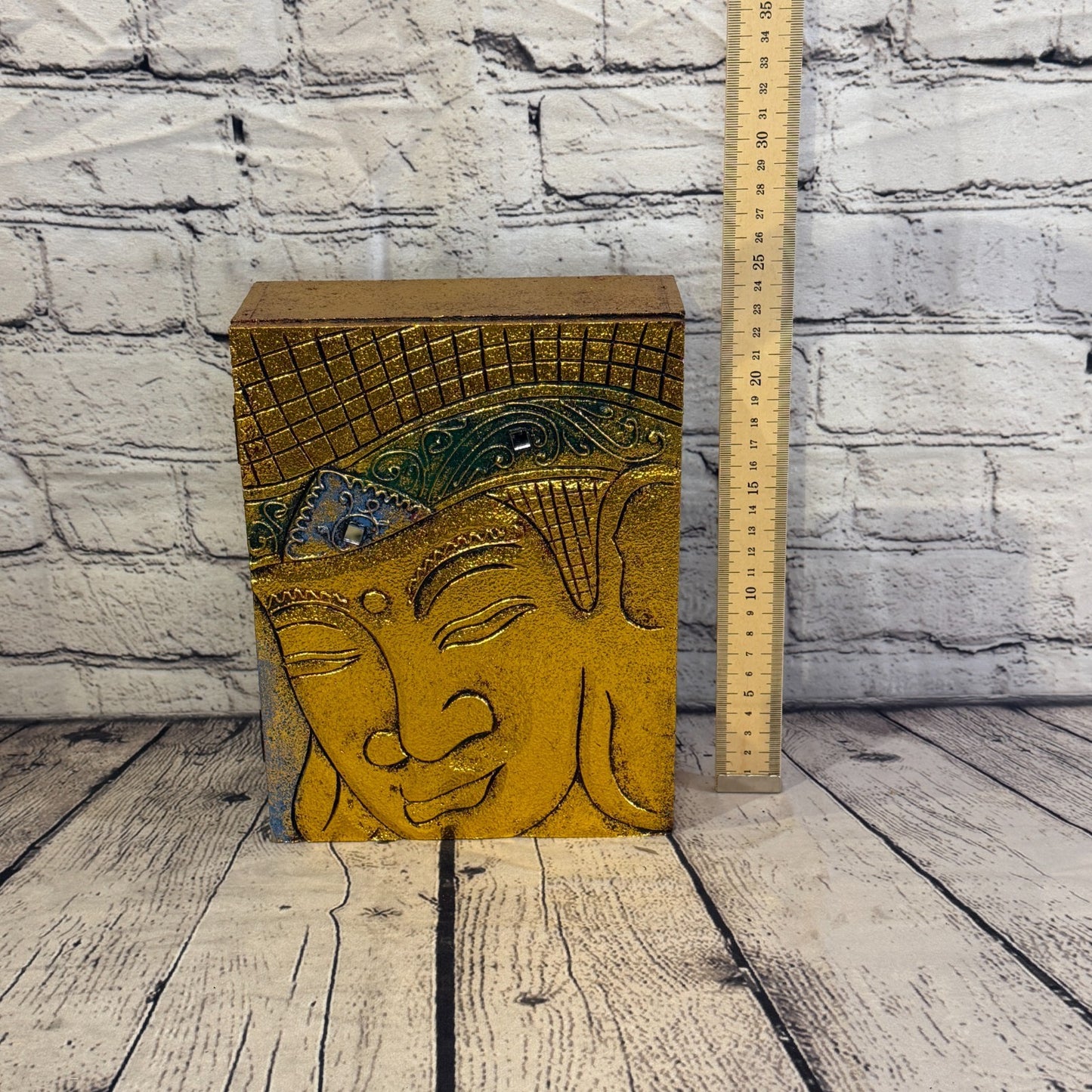 Bright Gold Thai Buddha Head Plain 25cm x 18cm x 7cm Wooden Box Trinket Handmade5