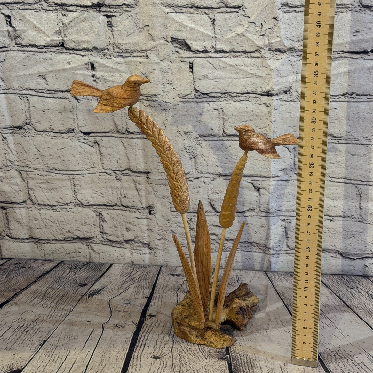35cm 2 Birds On Wheat Reeds Stand Parasite Wood Ornament Natural Carving Wooden5