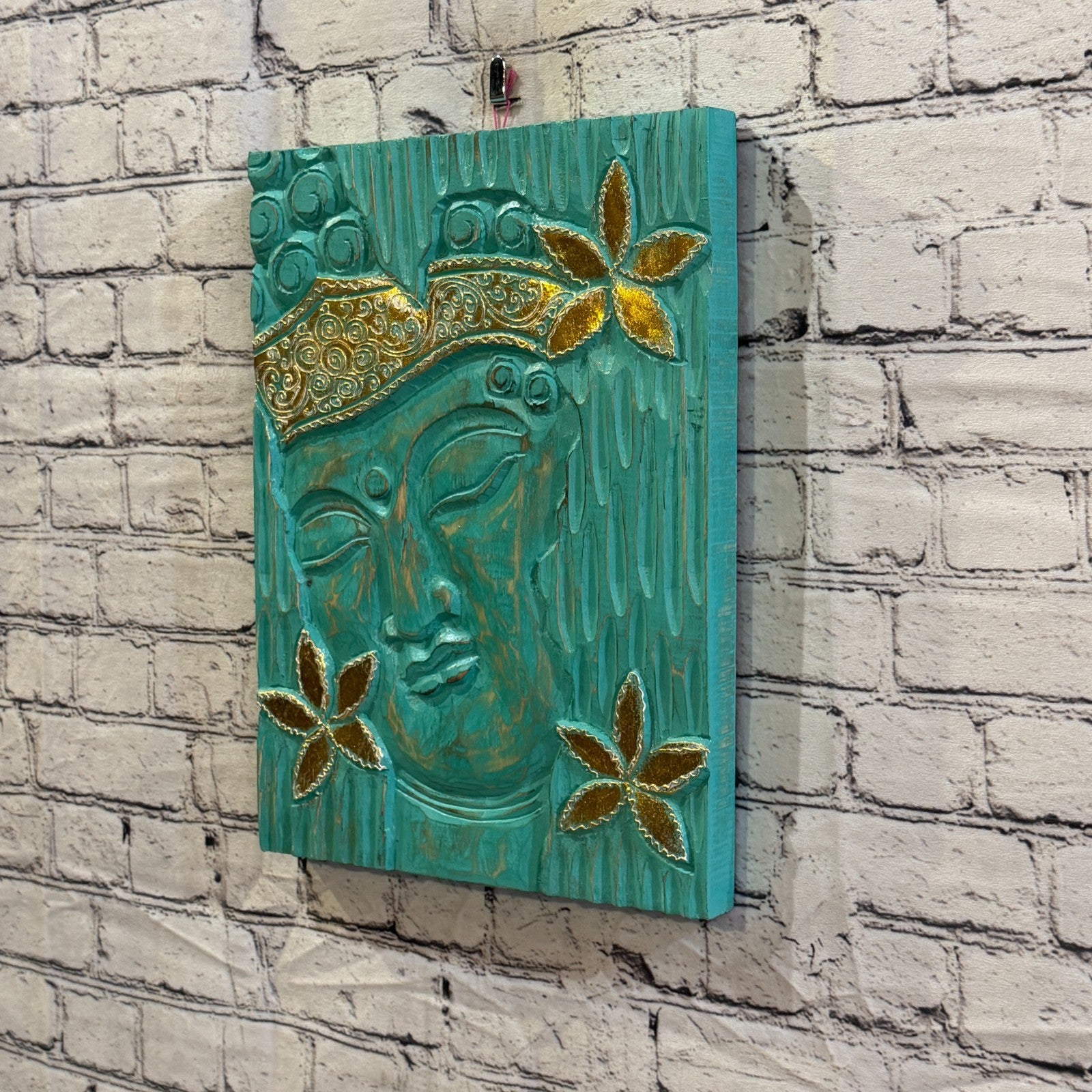Wooden Wood Panel 40cm Gold Teal Buddha Flower Wall Art Plaque Handcarved1