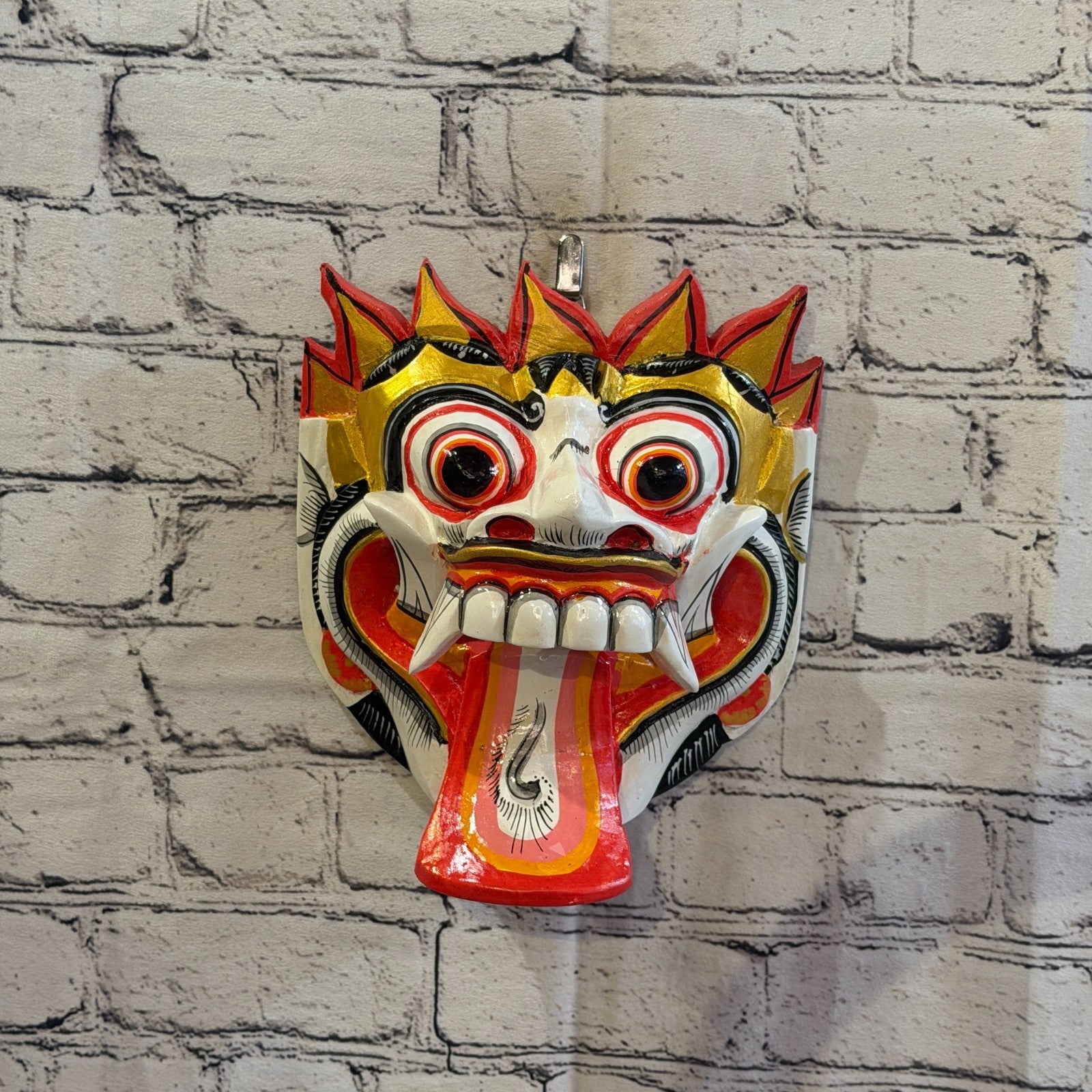 25cm Rangda Demon White Dragon Hindu Deity Wooden Hand Carved Mask Painted4