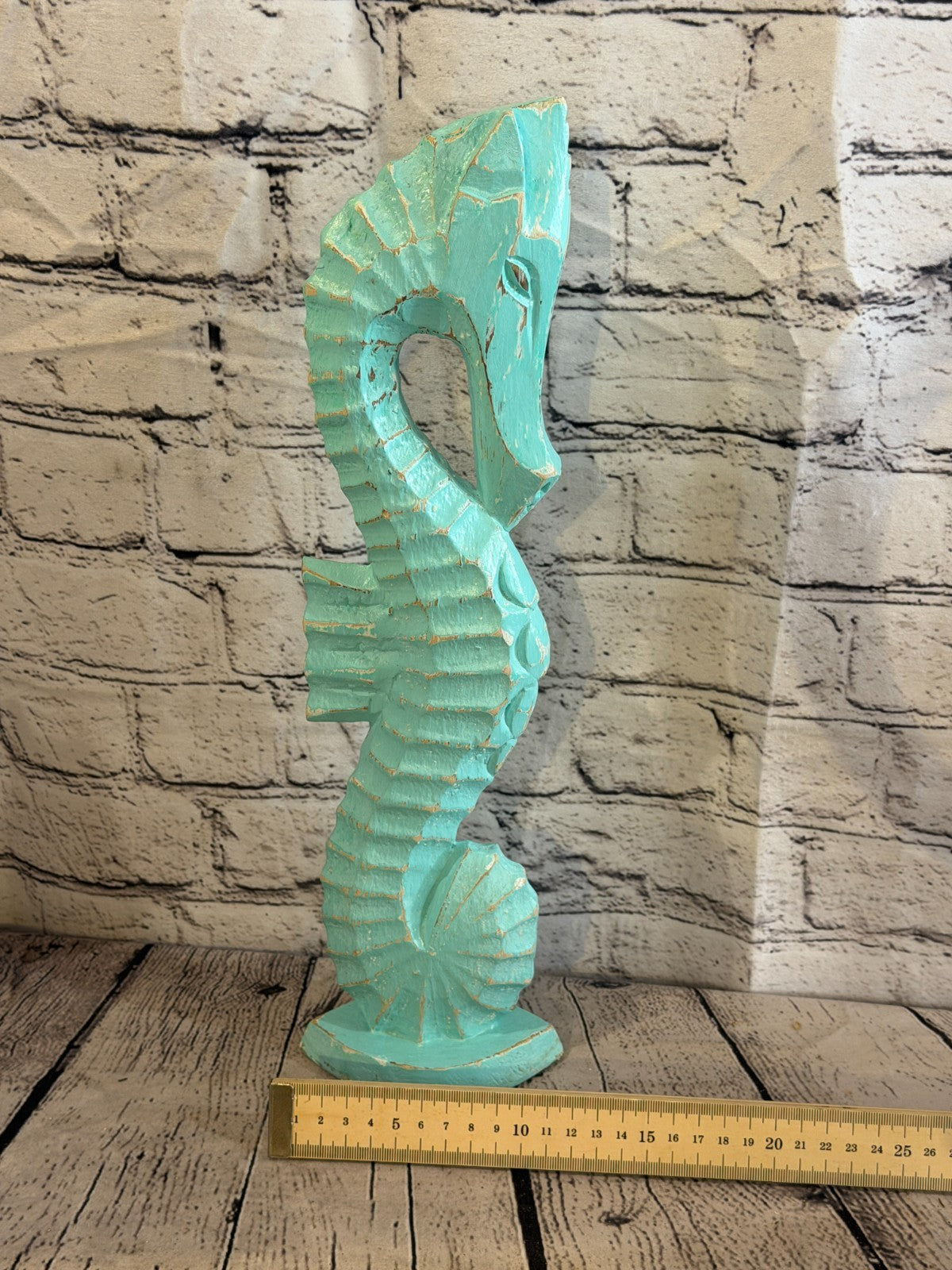 40cm Green Teal Wooden Shabby Seahorse Statue Ornament Fair Trade Handcarved6