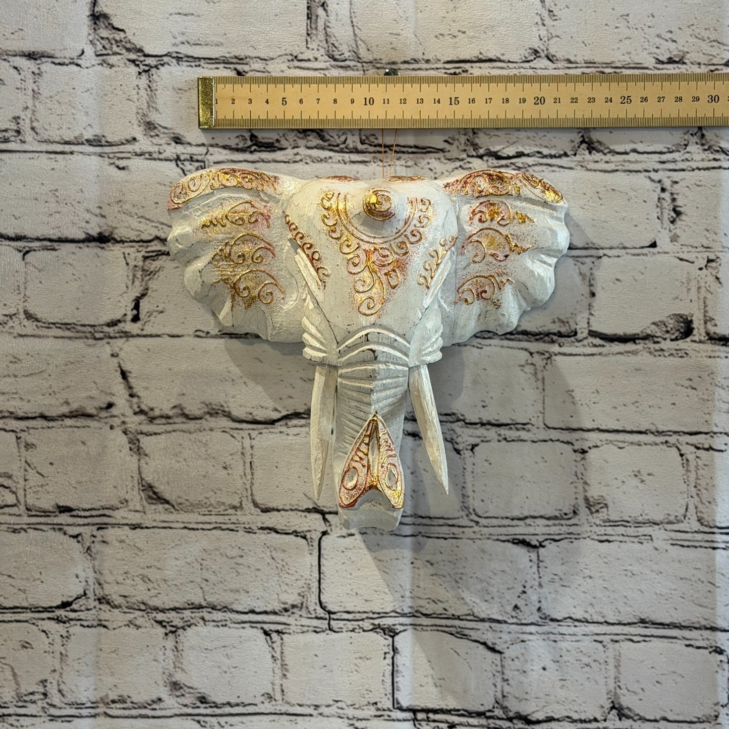 20cm x 20cm White Gold Painted Wood Elephant Head Wall Mounted Art Shabby3
