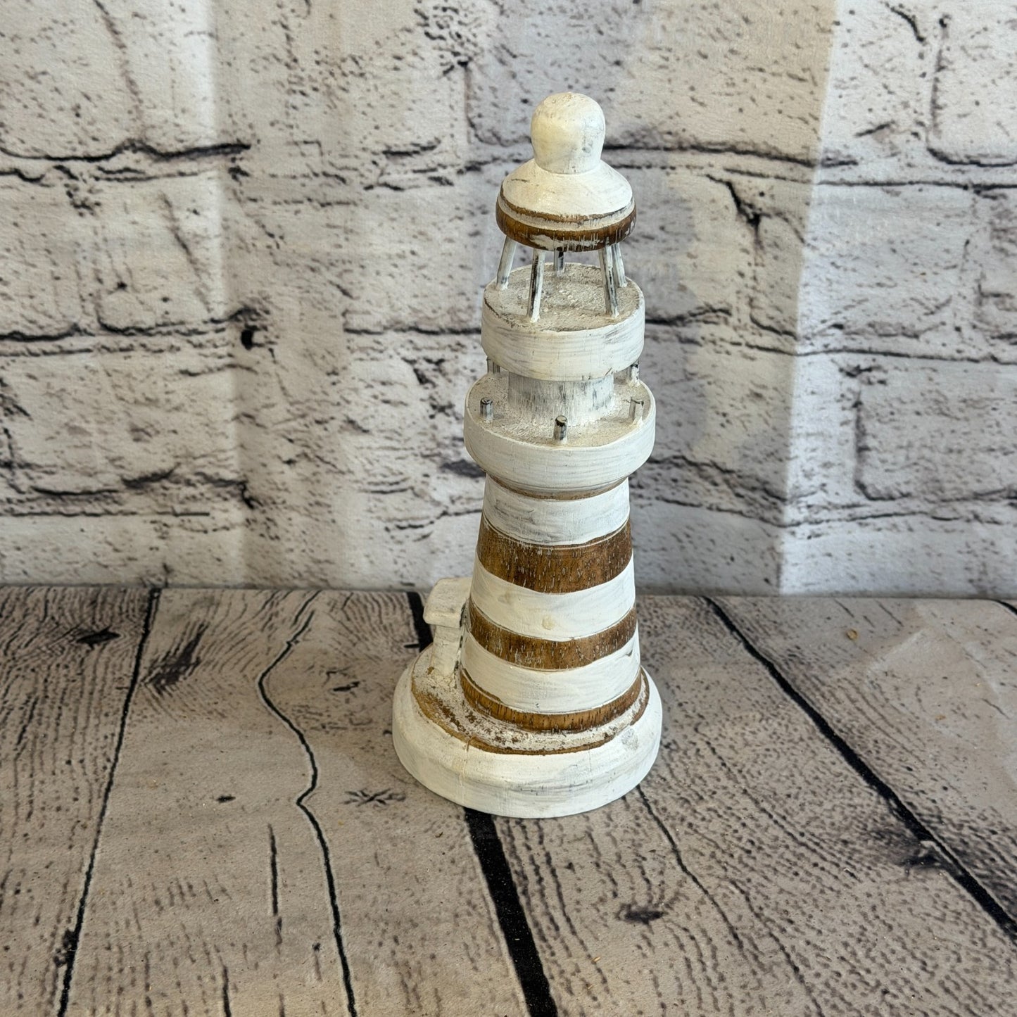 20cm Cream White Wooden Lighthouse Detailed Ornament Nautical Coastal Sculpture2