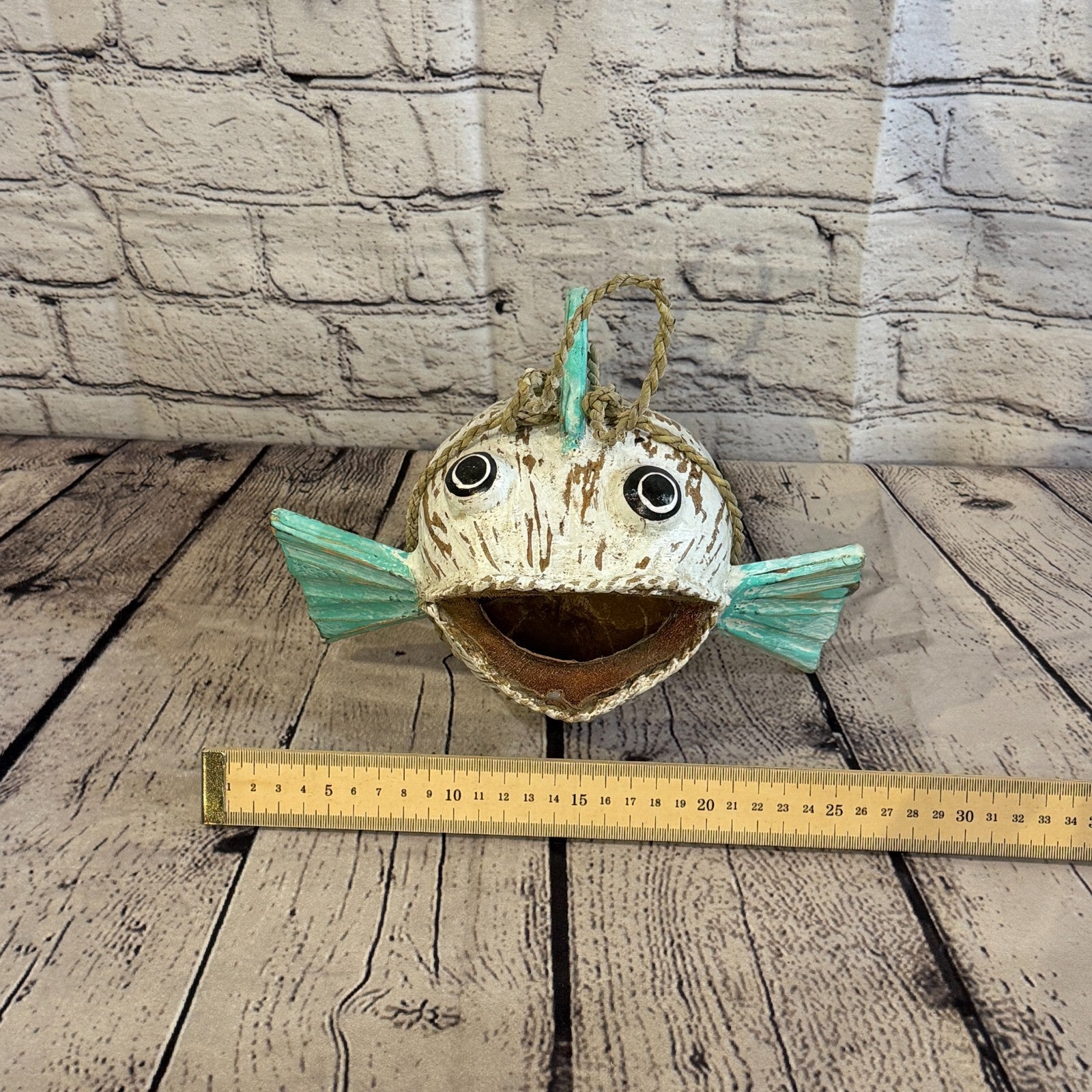 White Green Fins Folk Art Painted Shark Fish Coconut Shell Ornaments Hanging8